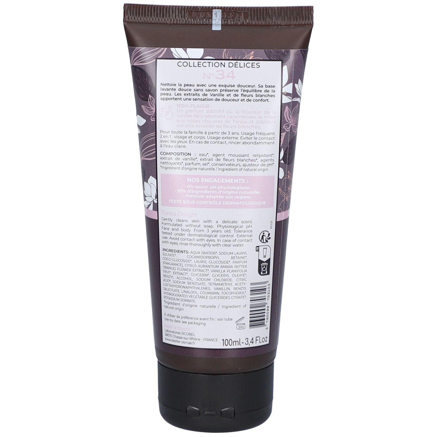 Dos du tube. Texte : "COLLECTION DELICES", ingrédients, mode d'emploi. Label végan. 100ml.