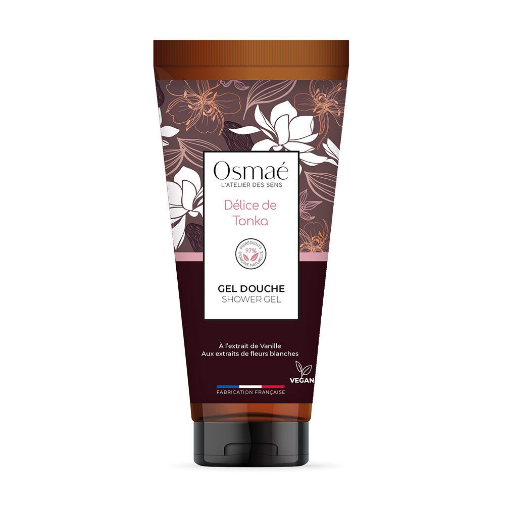 Tube douchegel met bloemenpatroon. Opschrift: Osmaé, Délice de Tonka, Gel Douche. Vegan-keurmerk. Franse fabricage.
