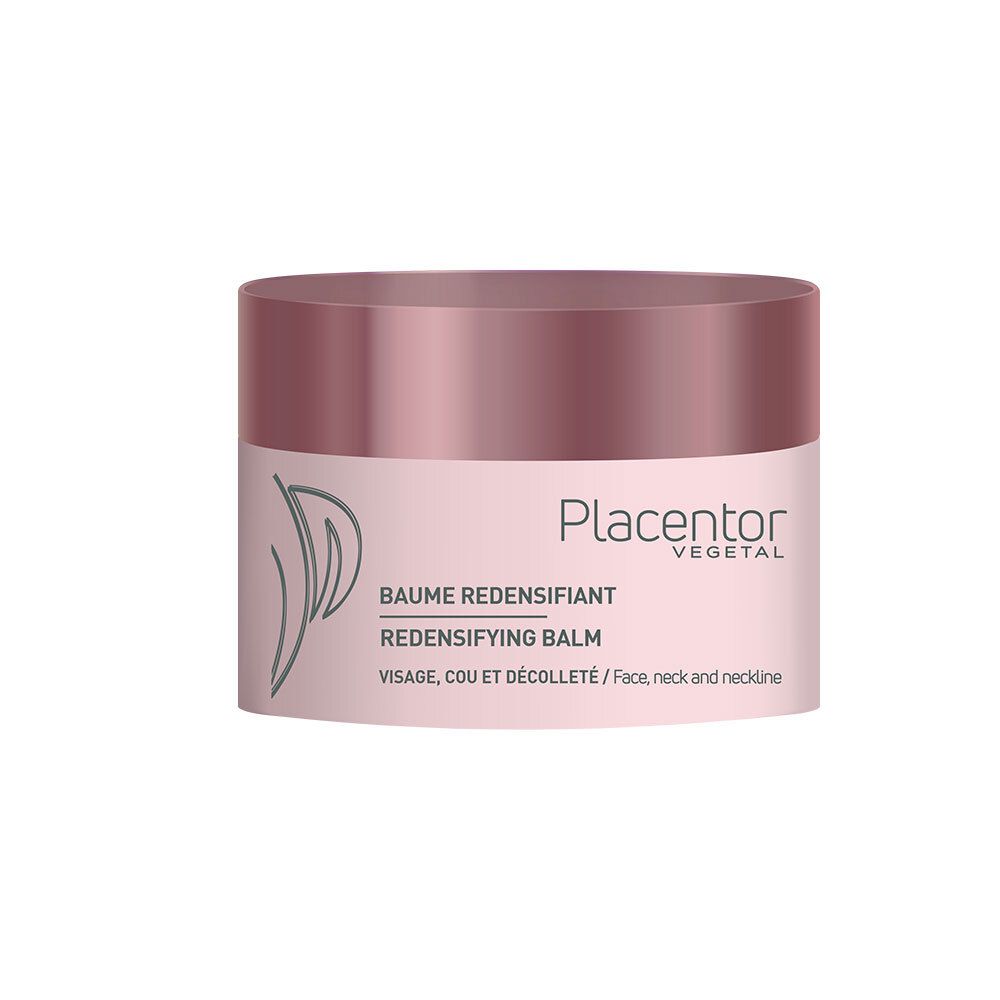 Roze pot met roze deksel. Opschrift: Placenter Vegetal, Baume Redensifiant, gezicht, hals en decolleté.