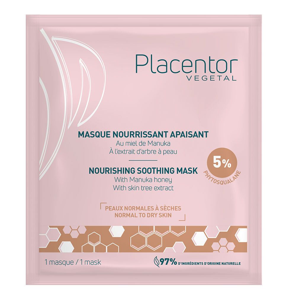 Sachet de masque rose. Texte: Placenter Vegetal, Masque Nourrissant Apaisant, 5% Phytosqualane. Pour peaux normales à sèches.