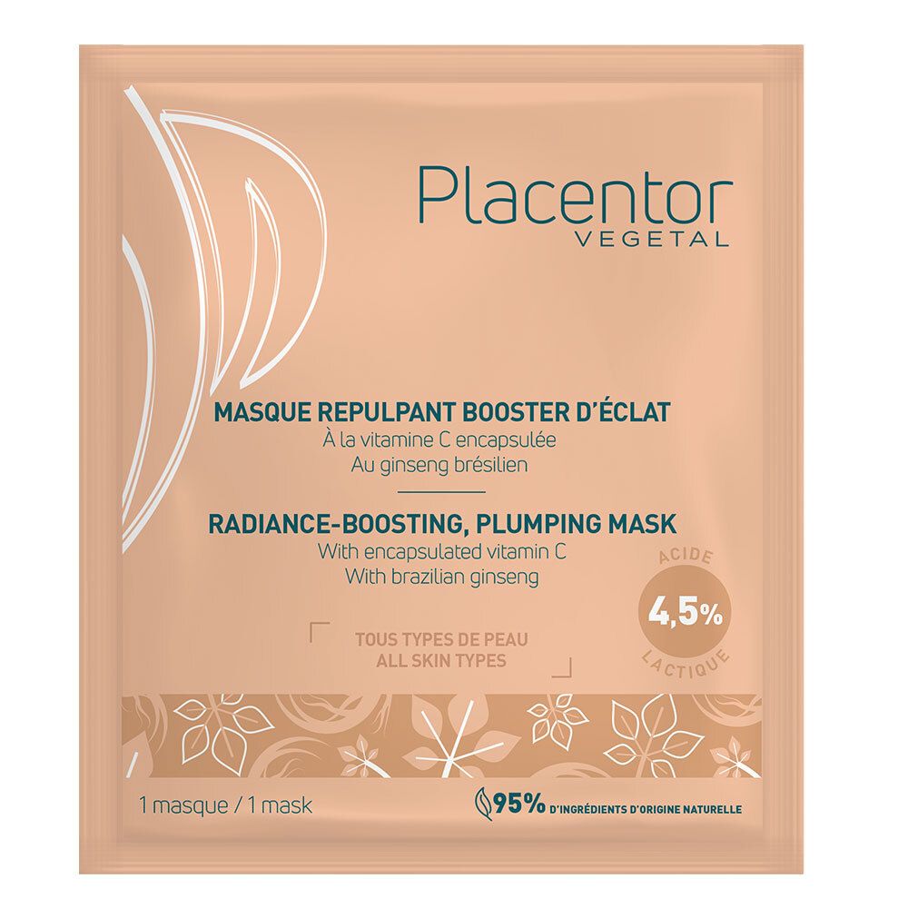 Sachet carré. Marque Placenter Vegetal. Texte: Masque Repulpant Booster d'Eclat. 95% ingrédients d'origine naturelle.