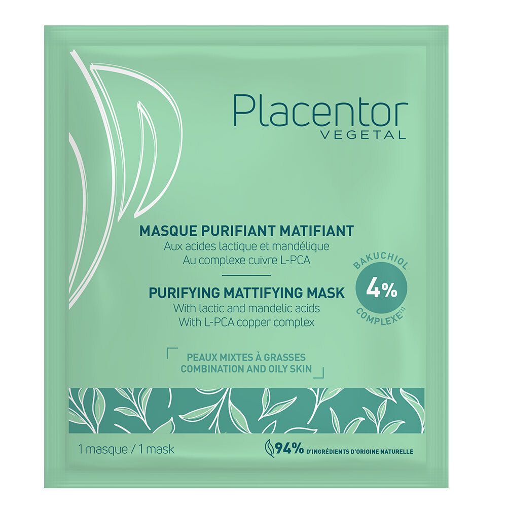 Sachet individuel vert. Logo "Placentor Vegetal". Texte: Masque Purifiant Matifiant, Purifying Mattifying Mask. 4% Bakuchiol.