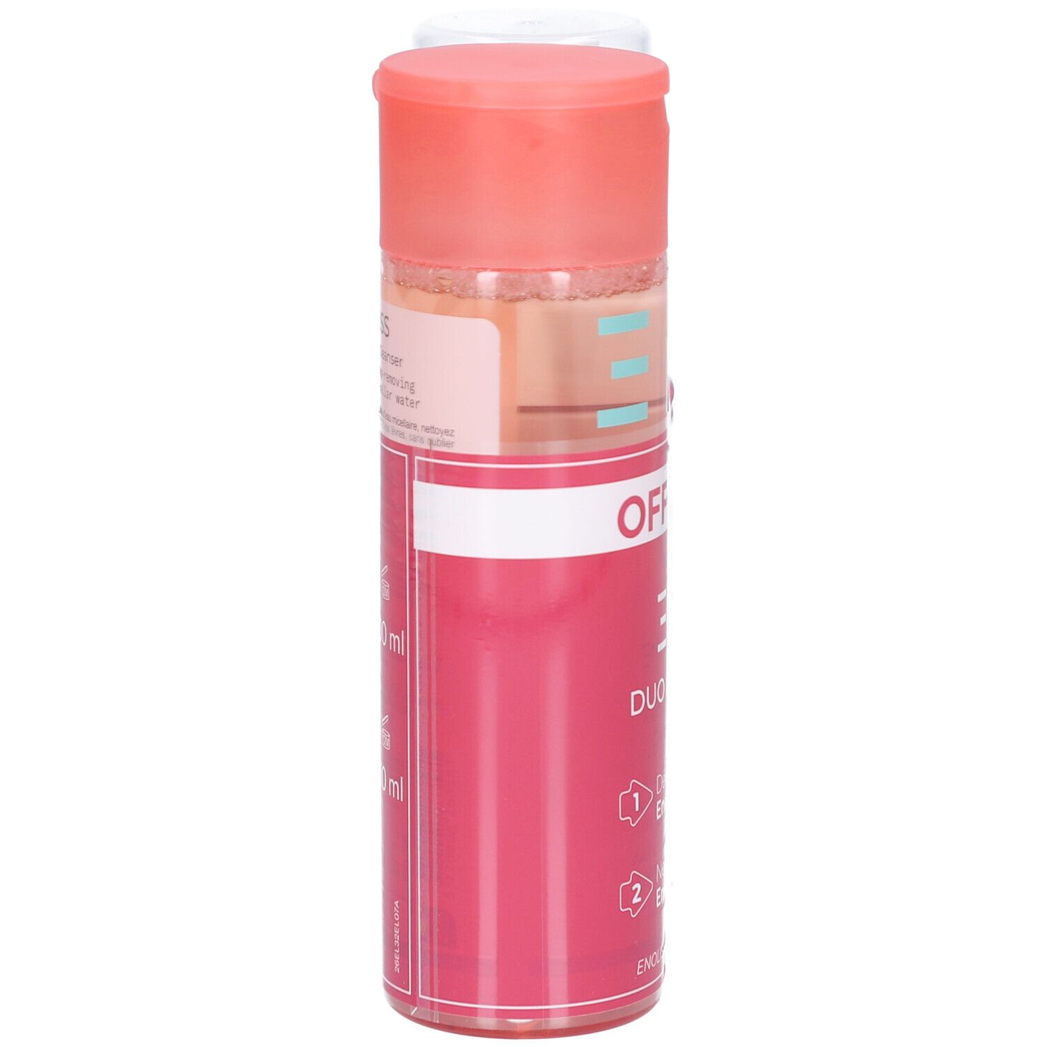 Flacon Enoliss rose. Texte: Enoliss, Duo Double Nettoyage. Étiquette avec ingrédients et instructions. Bouchon rose.