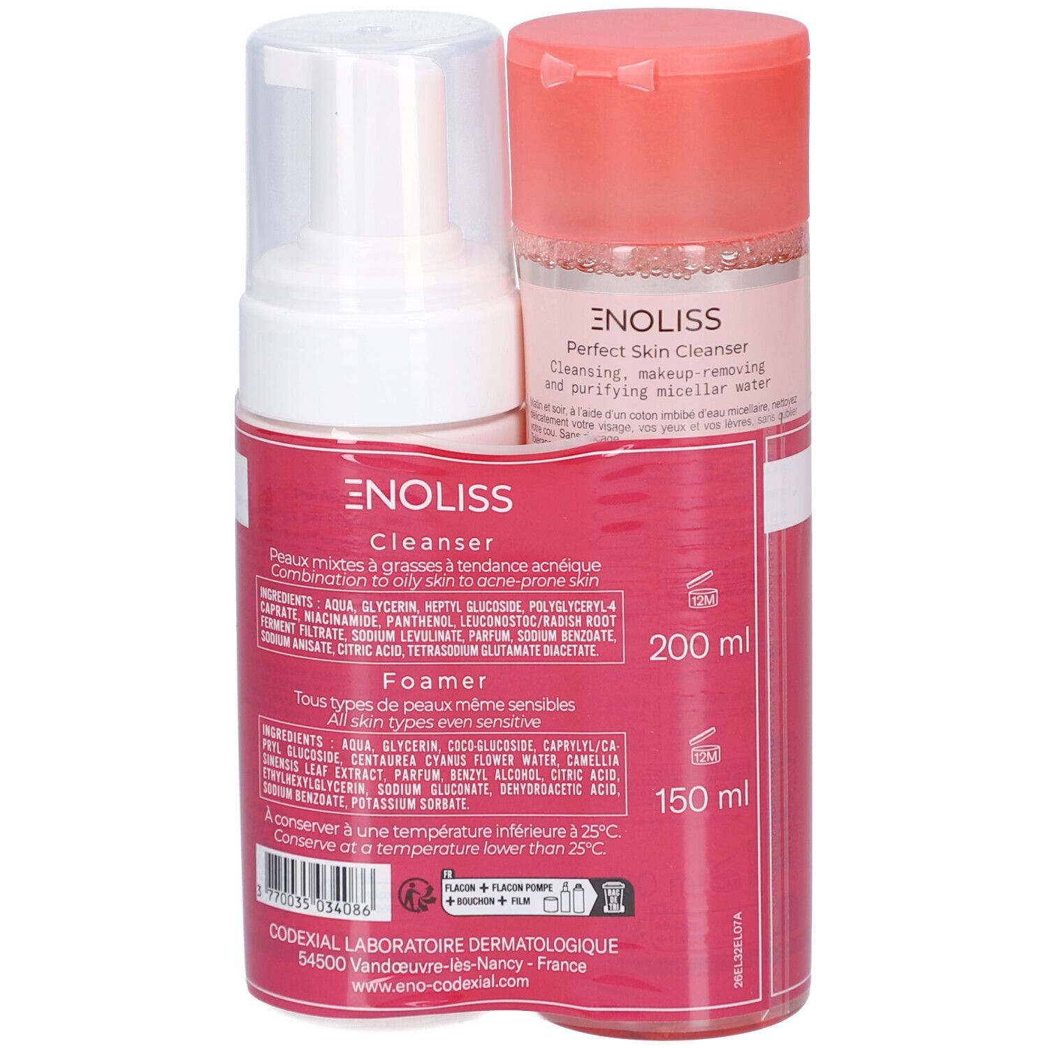Enoliss Duo Double Nettoyage. Deux flacons dans un emballage. Rose et blanc. Texte: Enoliss, Perfect Skin Cleanser, Foamer. 200 ml, 150 ml.