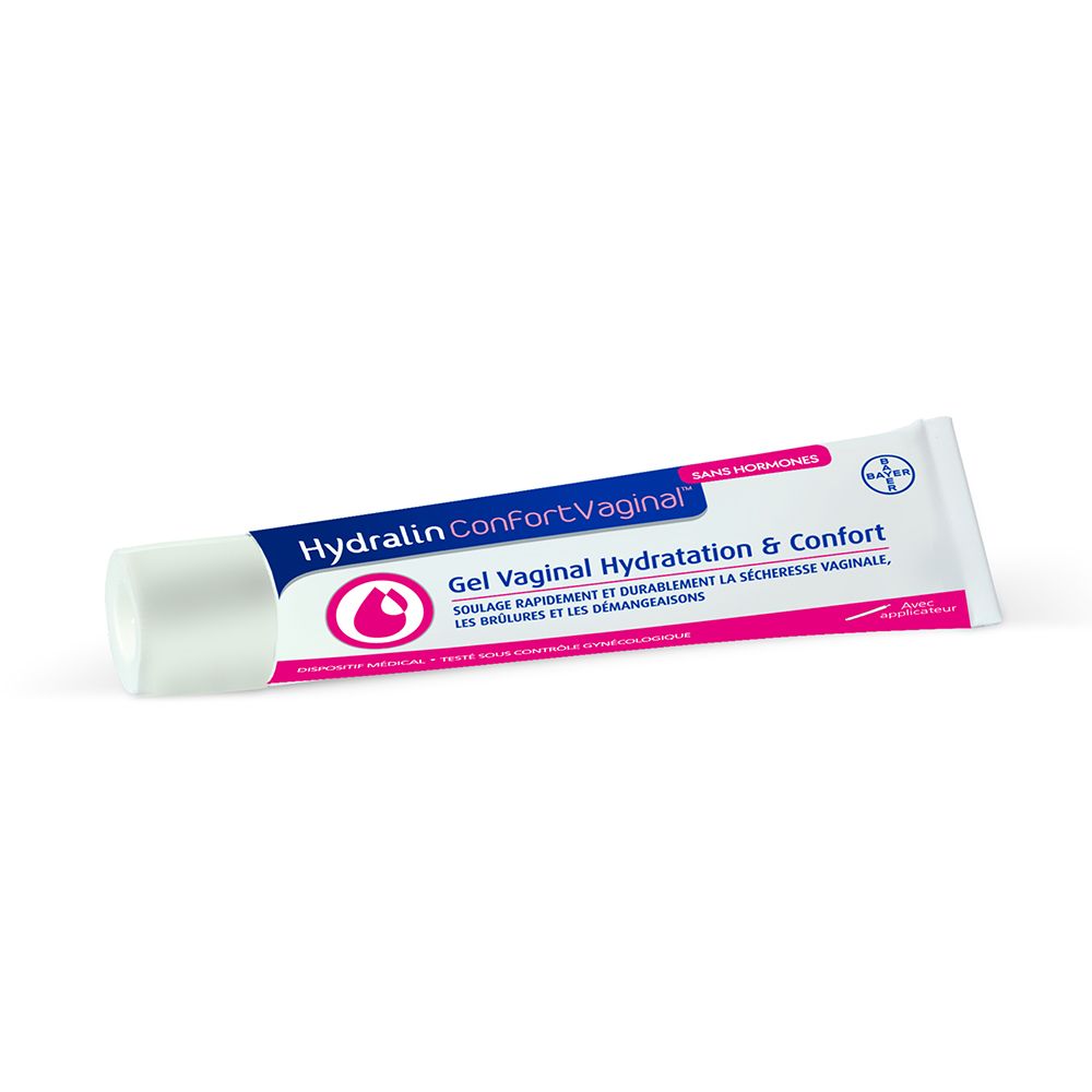 Tube Hydralin ConfortVaginal gel. Witte dop, blauwe en roze tekst. Bayer-logo.
