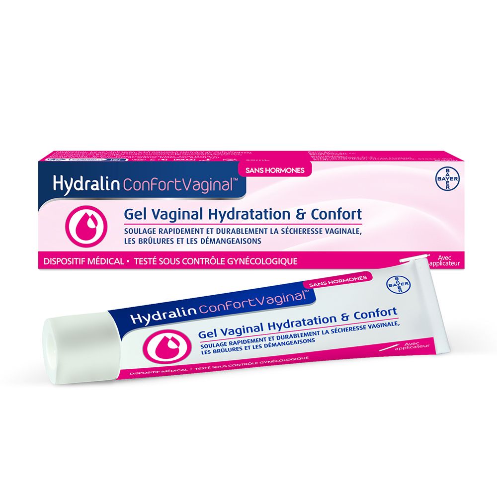Verpakking en tube Hydralin ConfortVaginal gel. Roze verpakking, blauwe tekst. Bayer-logo. Tube ernaast.