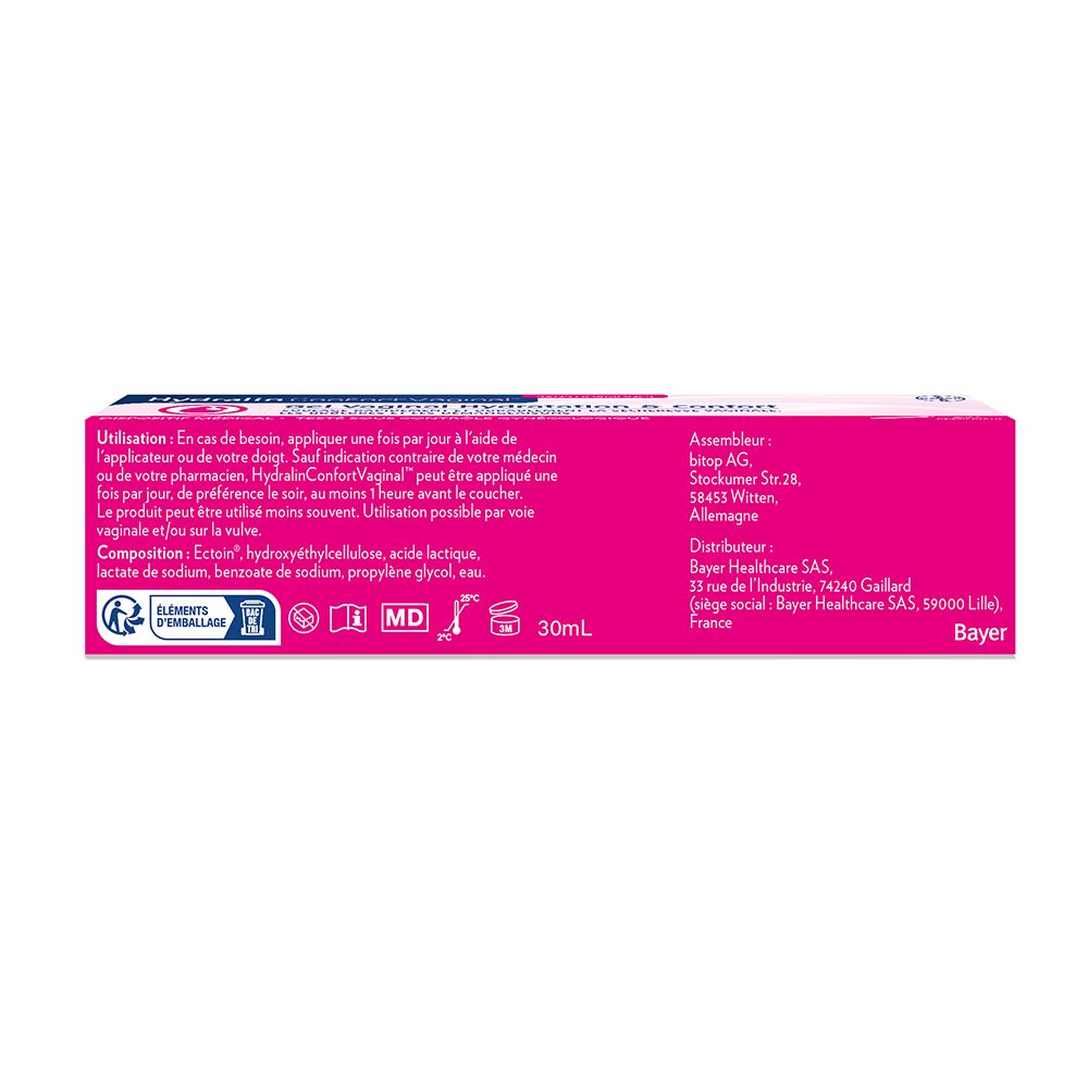 Achterkant van de verpakking Hydralin ConfortVaginal gel. Roze achtergrond, tekst en logo's. 30ml.