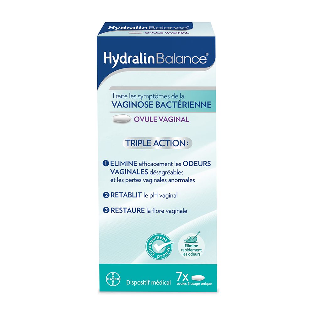 Boîte de Hydralin Balance Ovule Vaginal. Texte: Traite les symptômes de la vaginose bactérienne. 7 ovules.