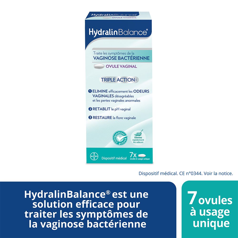 Emballage de Hydralin Balance. Texte: 7 ovules à usage unique. Traite les symptômes de la vaginose bactérienne.