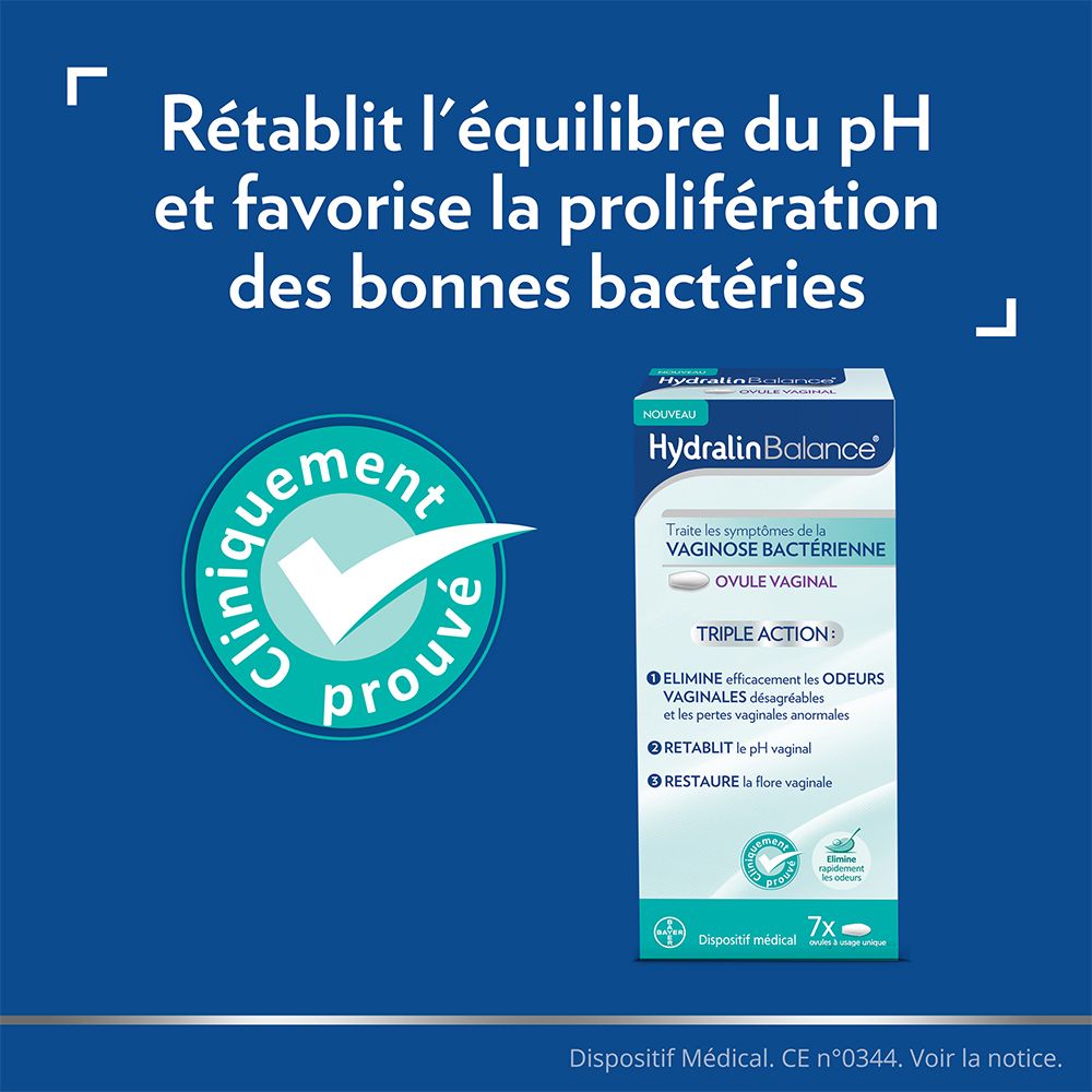 Texte: Rétablit l'équilibre du pH et favorise les bonnes bactéries. Boîte de Hydralin Balance.
