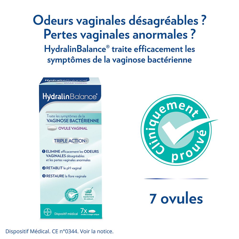 Texte: Odeurs vaginales désagréables ? Pertes anormales ? 7 ovules. Hydralin Balance.