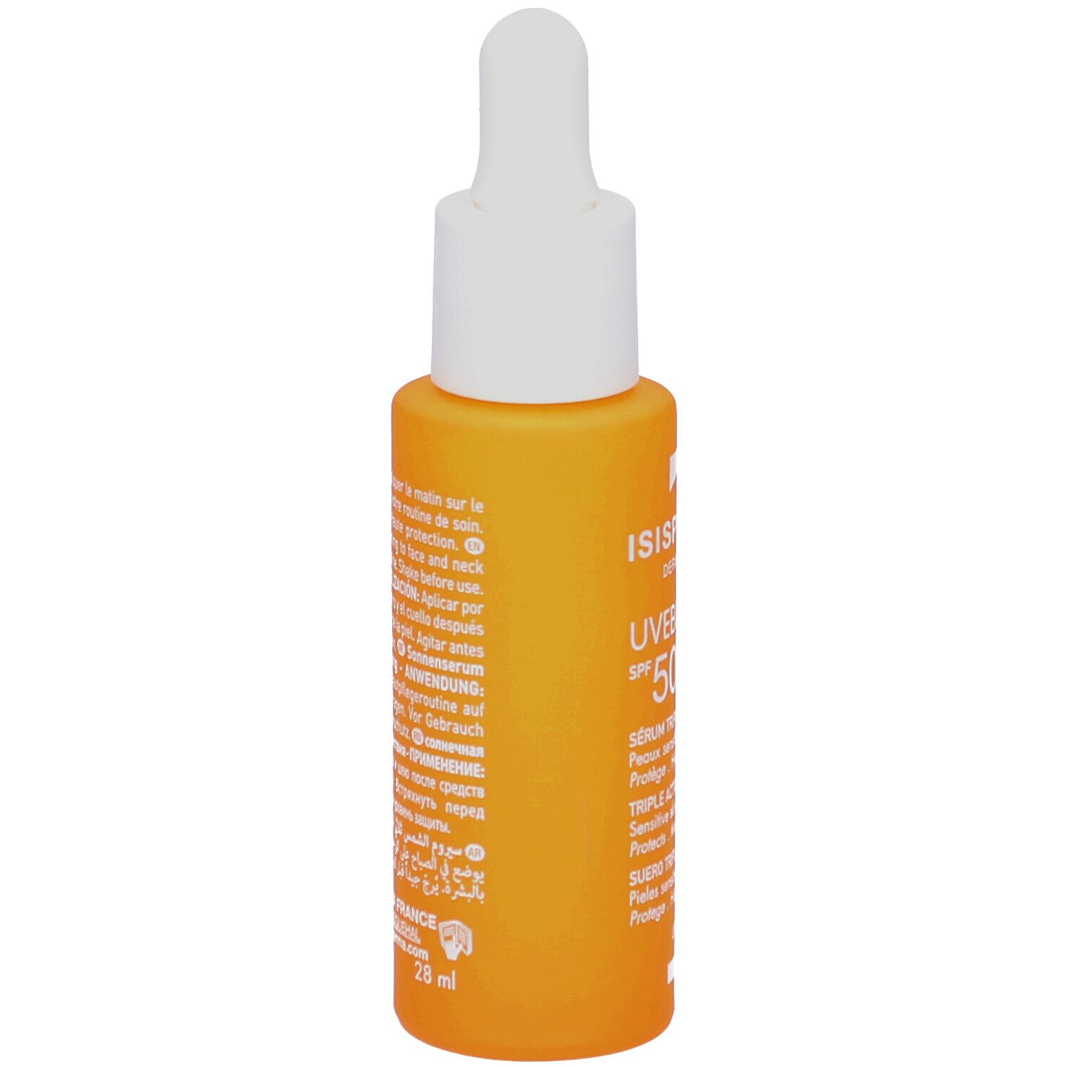 Vue latérale d'un flacon orange avec applicateur blanc. Texte multilingue. Fabriqué en France.