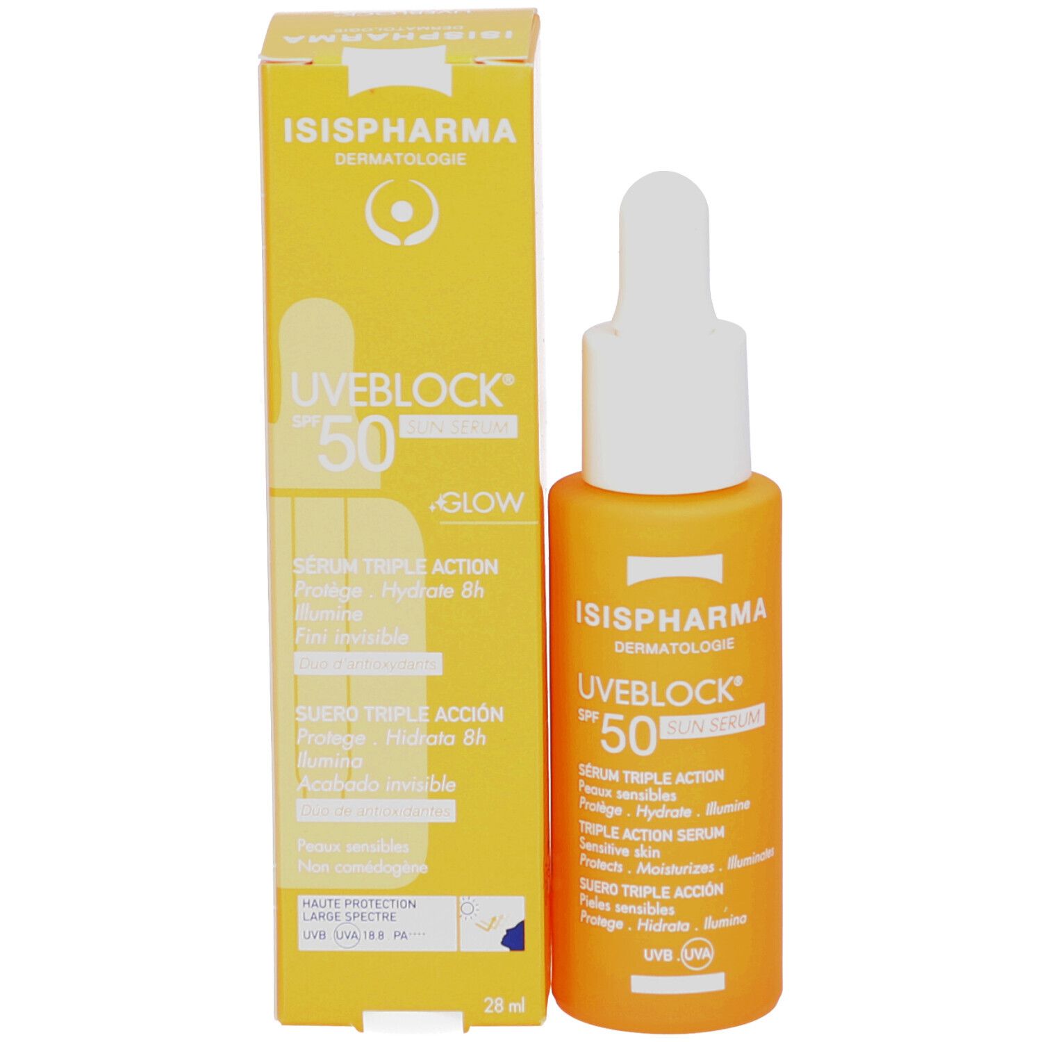 Emballage du produit avec flacon et boîte. Inscription: ISISPHARMA Uveblock SPF 50+ Glow. Produit pour peaux sensibles.