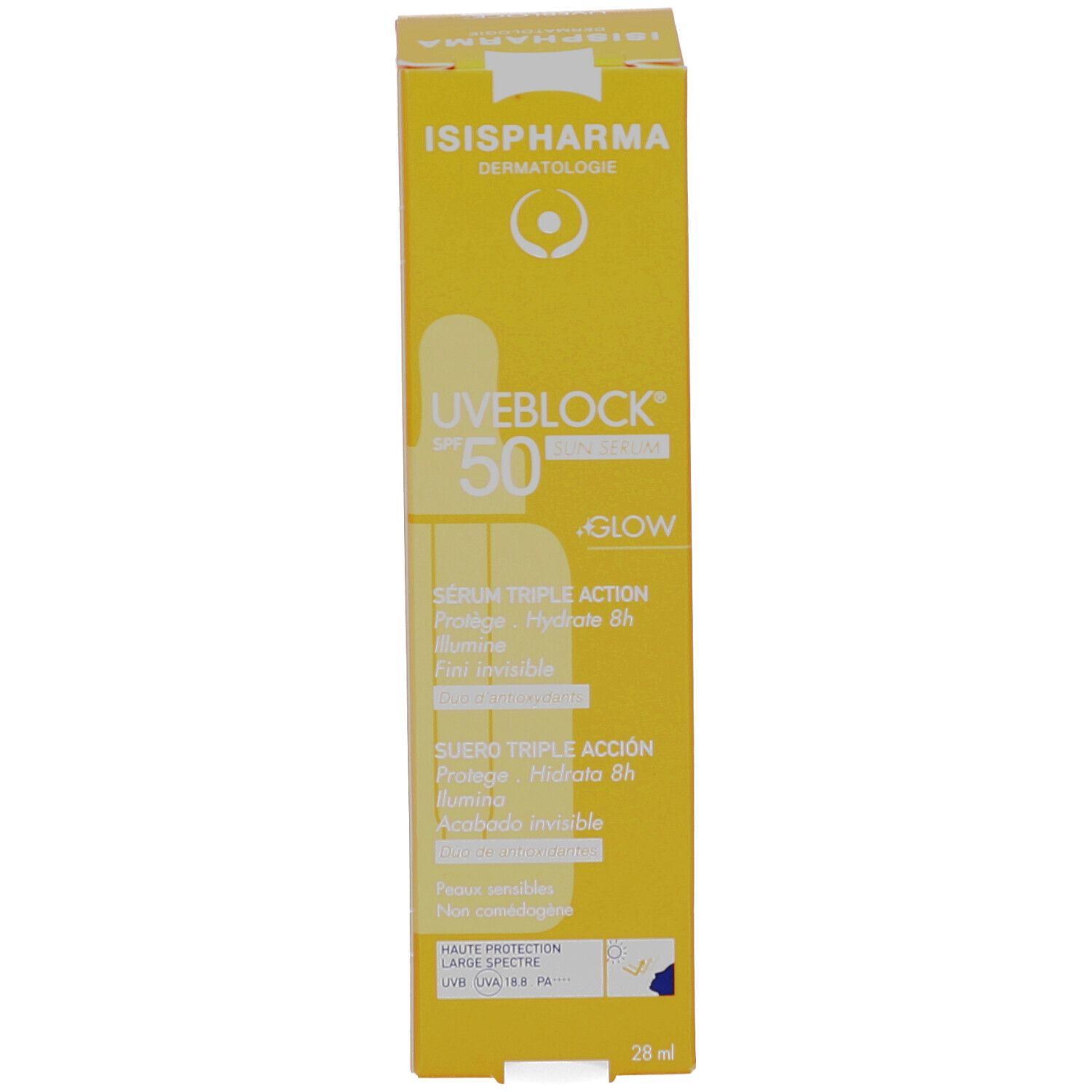 Emballage jaune du produit. Inscription: ISISPHARMA Uveblock SPF 50+ Glow. Produit pour peaux sensibles.