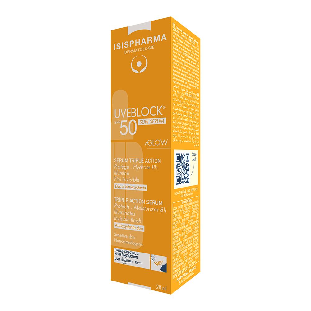 Gele verpakking met product en tekst. ISISPHARMA Uveblock SPF 50+ Sun Serum. QR code.