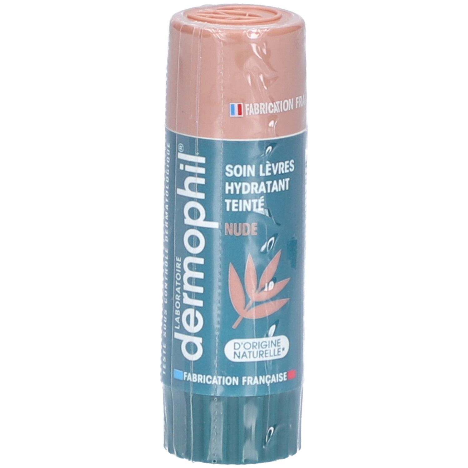 Stick de soin pour les lèvres, emballé. Marque: dermophil. Inscription: SOIN LÈVRES HYDRATANT TEINTÉ NUDE. Fabriqué en France.