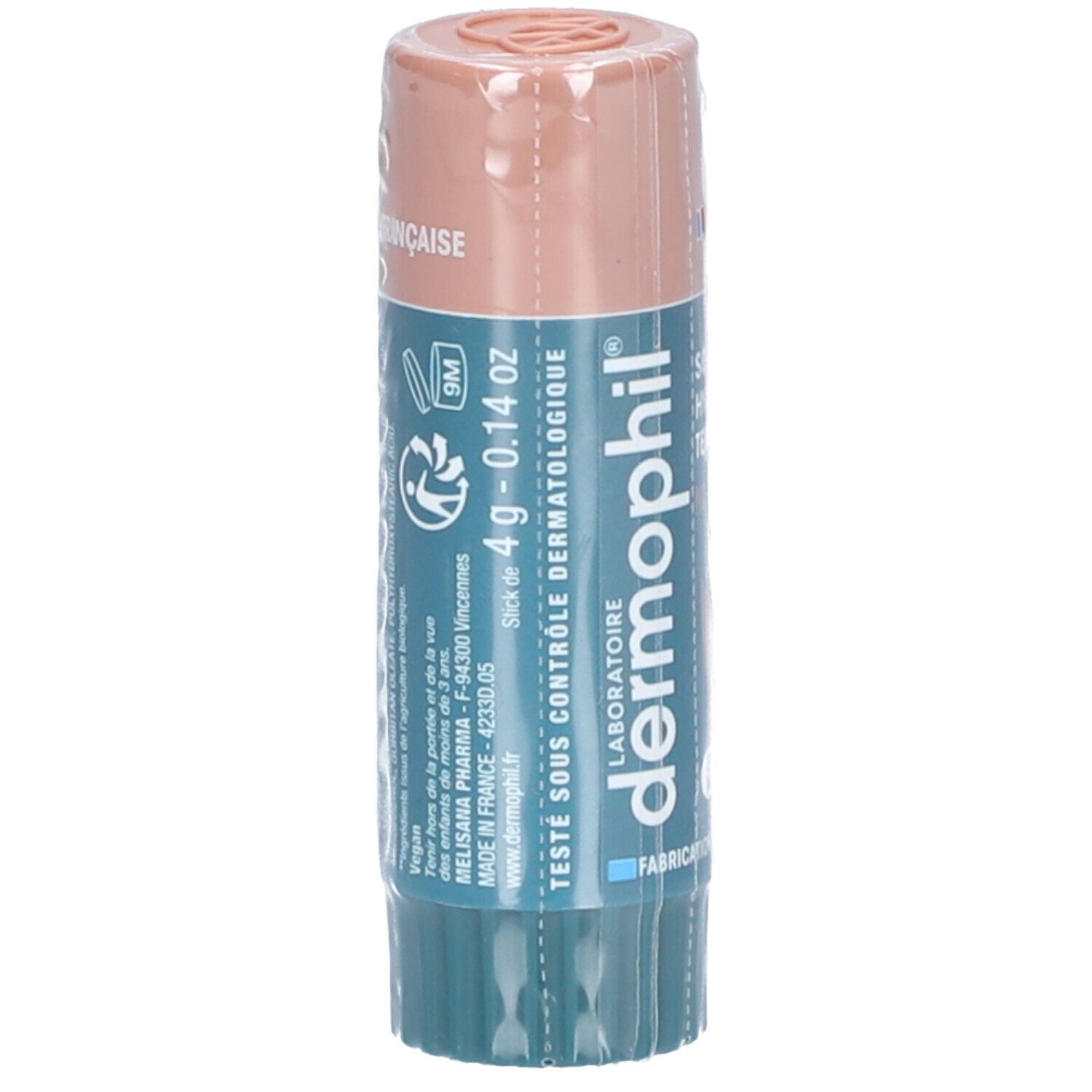 Stick de soin pour les lèvres, emballé. Marque: dermophil. Inscription: 4 g - 0.14 oz. Testé sous contrôle dermatologique. Fabriqué en France.
