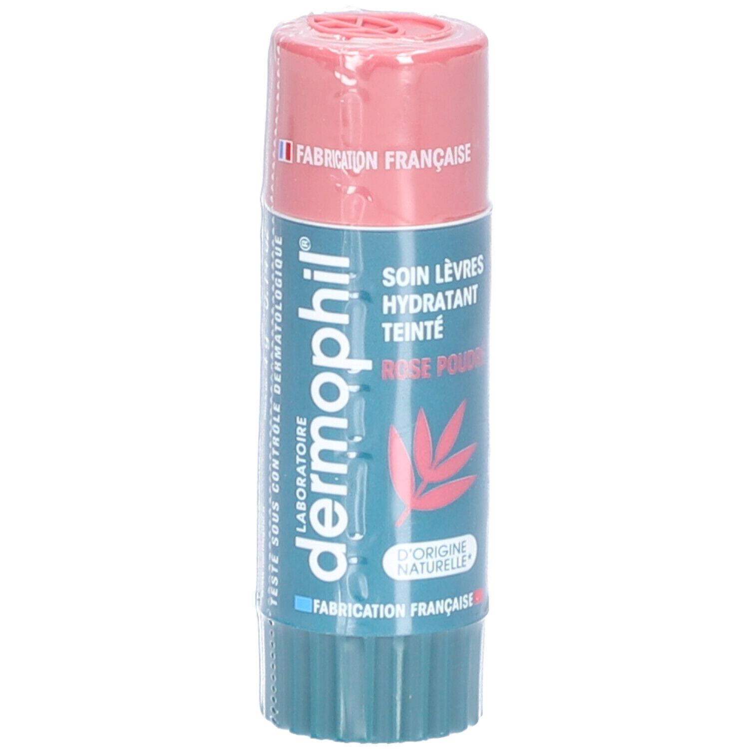 Roze en groene lippenbalsem. Tekst: SOIN LÈVRES HYDRATANT TEINTÉ ROSE POUDRE, dermophil. Gemaakt in Frankrijk.