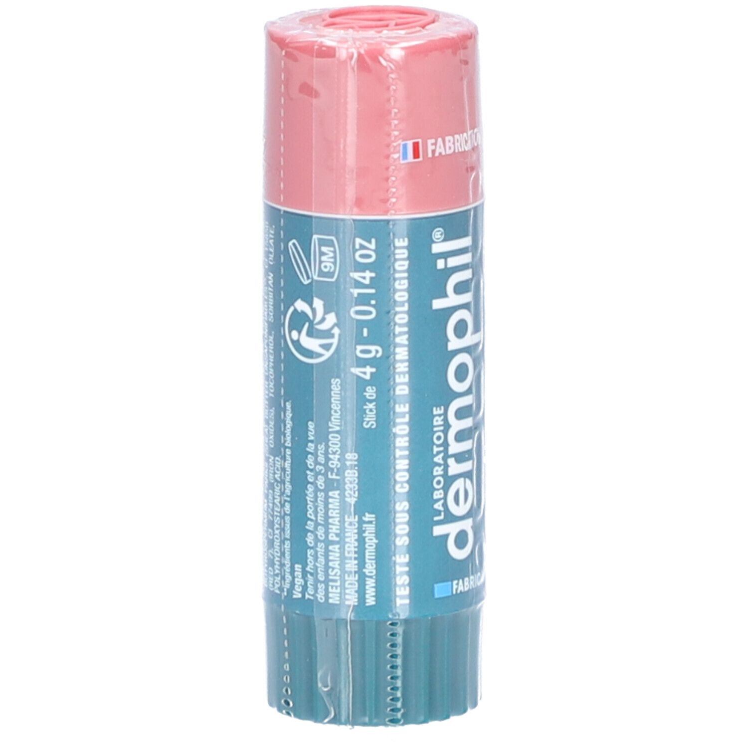 Roze en groene lippenbalsem. Tekst: 4 g - 0.14 OZ, dermophil. Details en logo's.