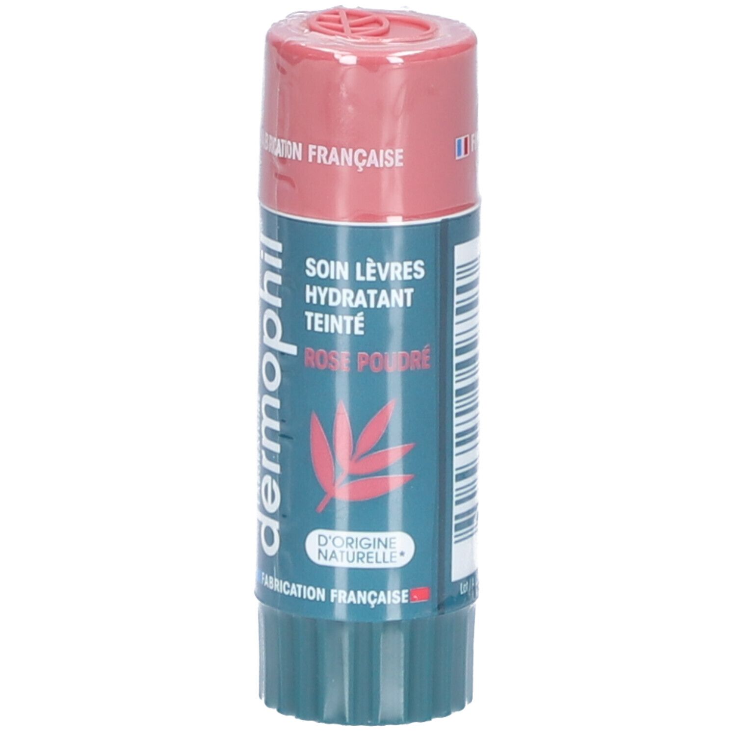 Roze en groene lippenbalsem. Tekst: SOIN LÈVRES HYDRATANT TEINTÉ ROSE POUDRE, dermophil. Gemaakt in Frankrijk.