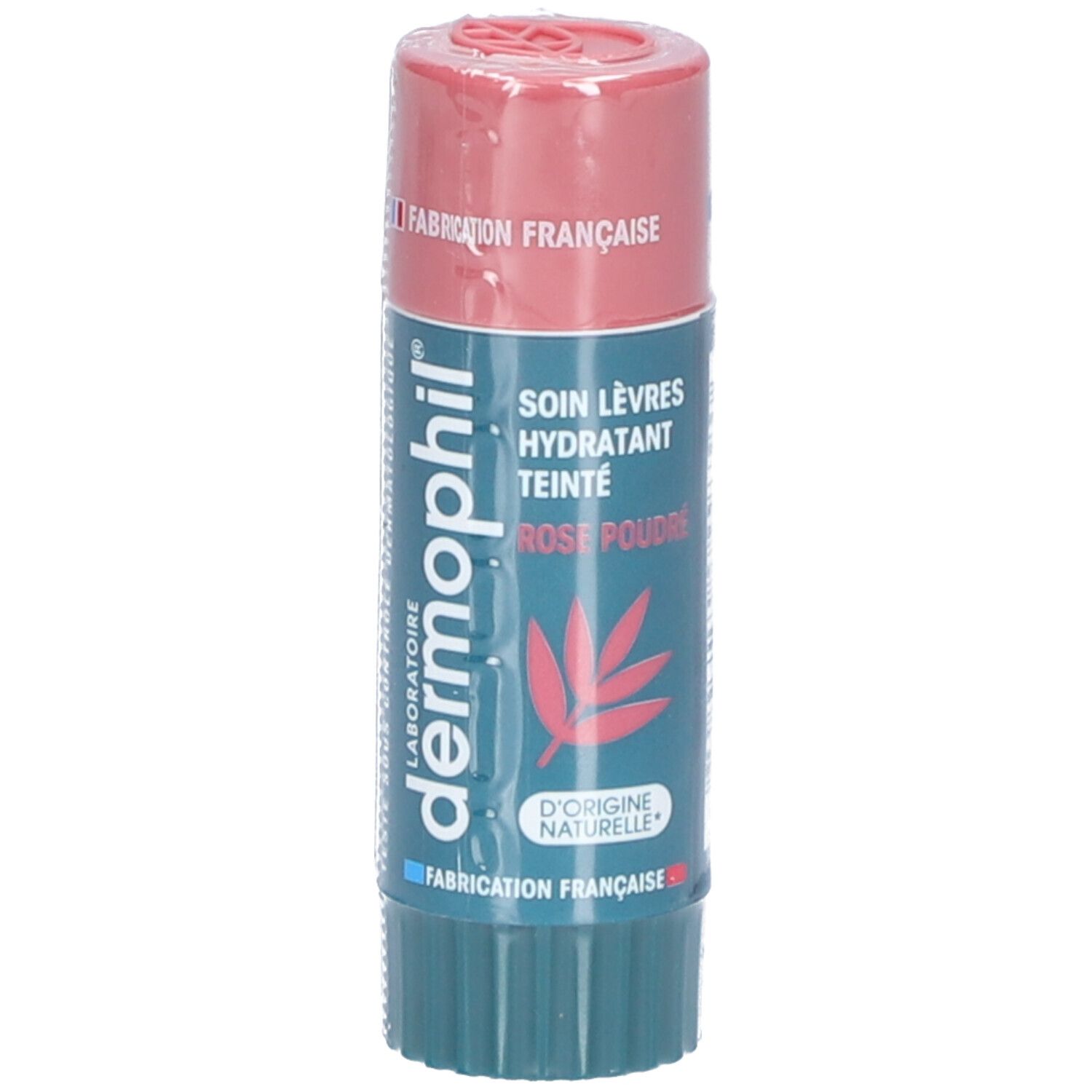 Roze en groene lippenbalsem. Tekst: SOIN LÈVRES HYDRATANT TEINTÉ ROSE POUDRE, dermophil. Gemaakt in Frankrijk.