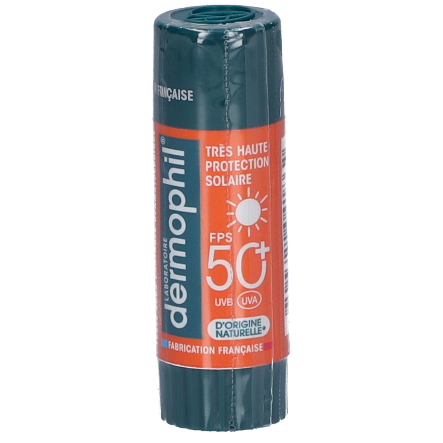 Stick cylindrique avec capuchon vert et bande orange. Inscription: Très Haute Protection Solaire, FPS 50+.