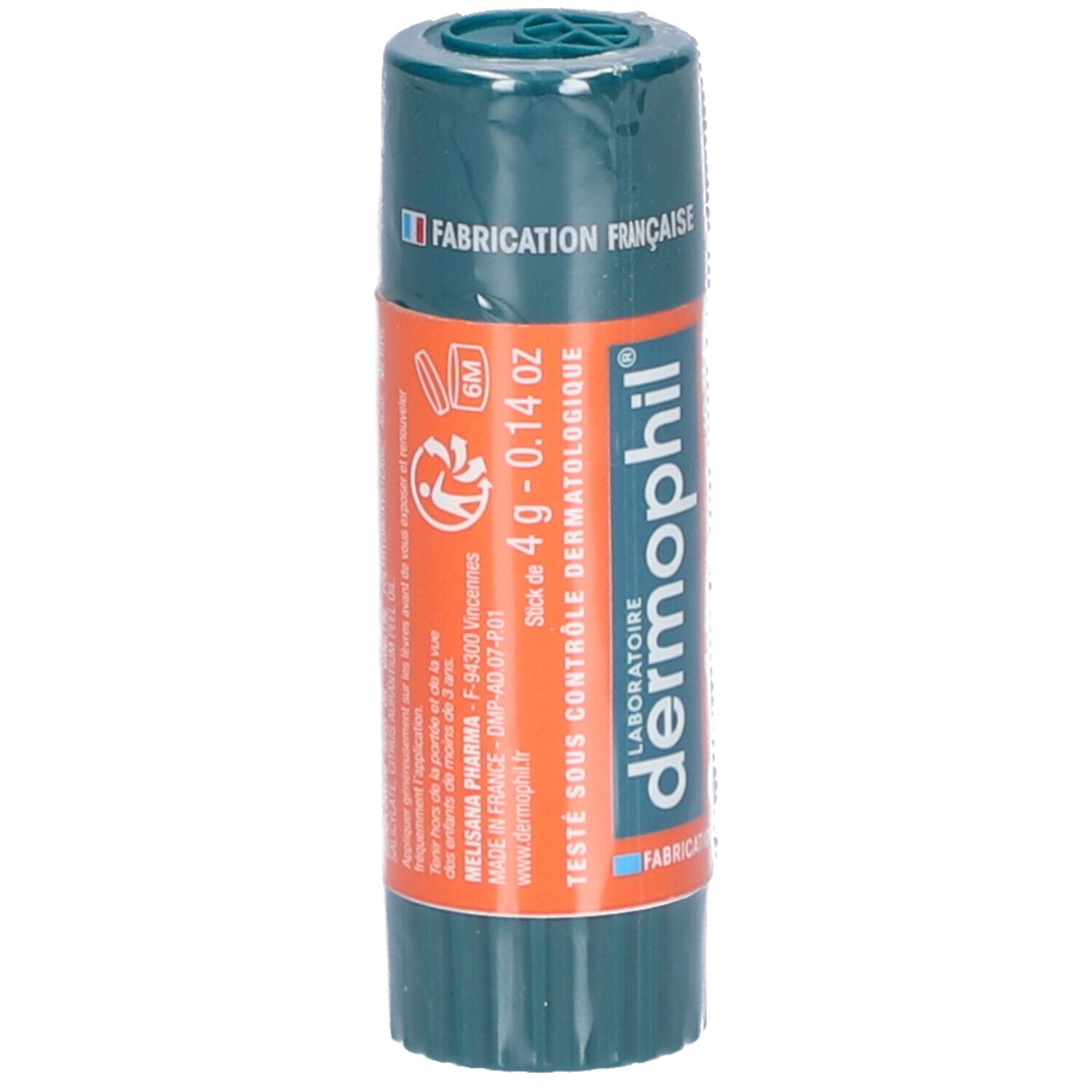 Stick cylindrique avec capuchon vert et bande orange. Inscription: 4g - 0.14 oz. Testé sous contrôle dermatologique.