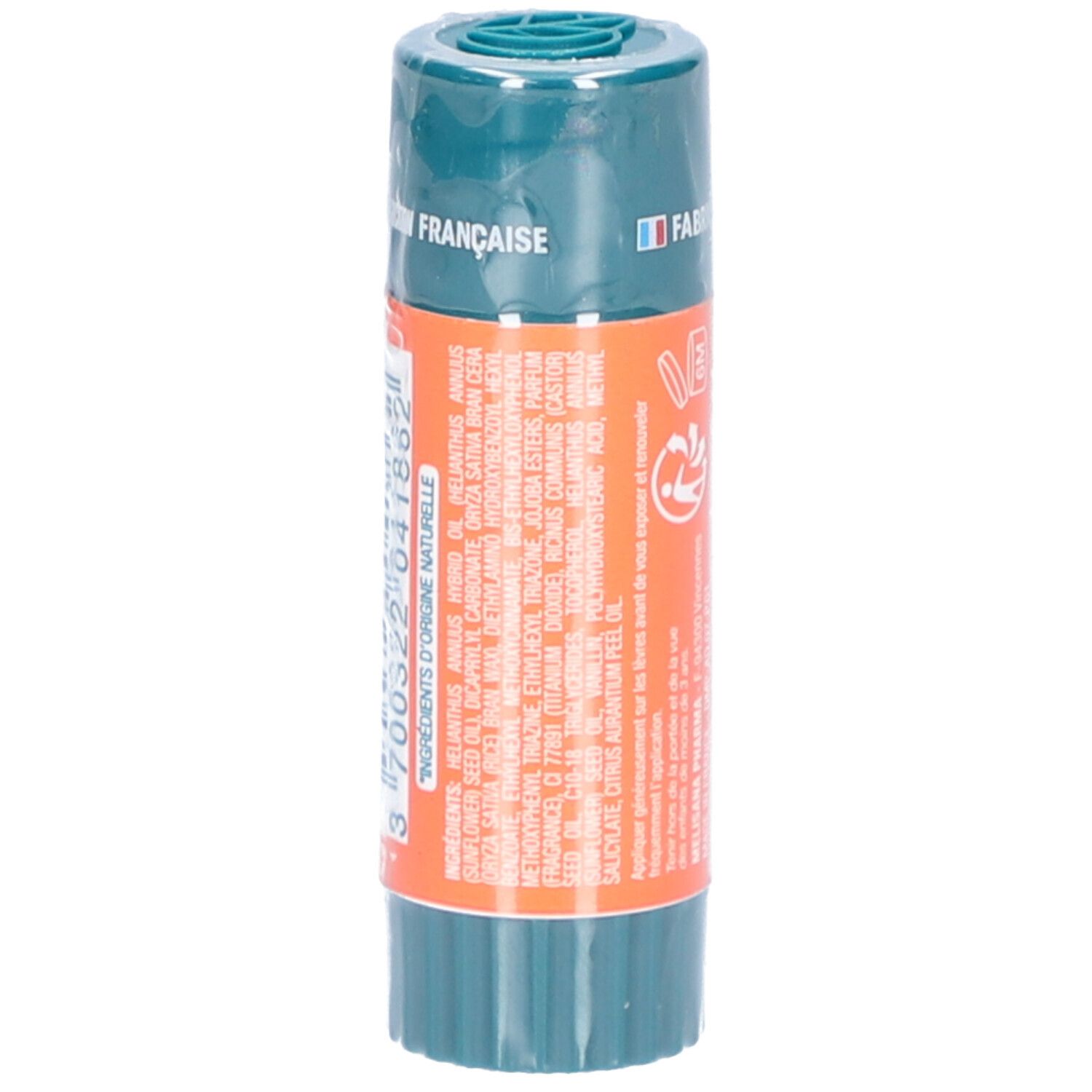 Stick cylindrique avec capuchon vert et bande orange. Dos avec ingrédients et code-barres.