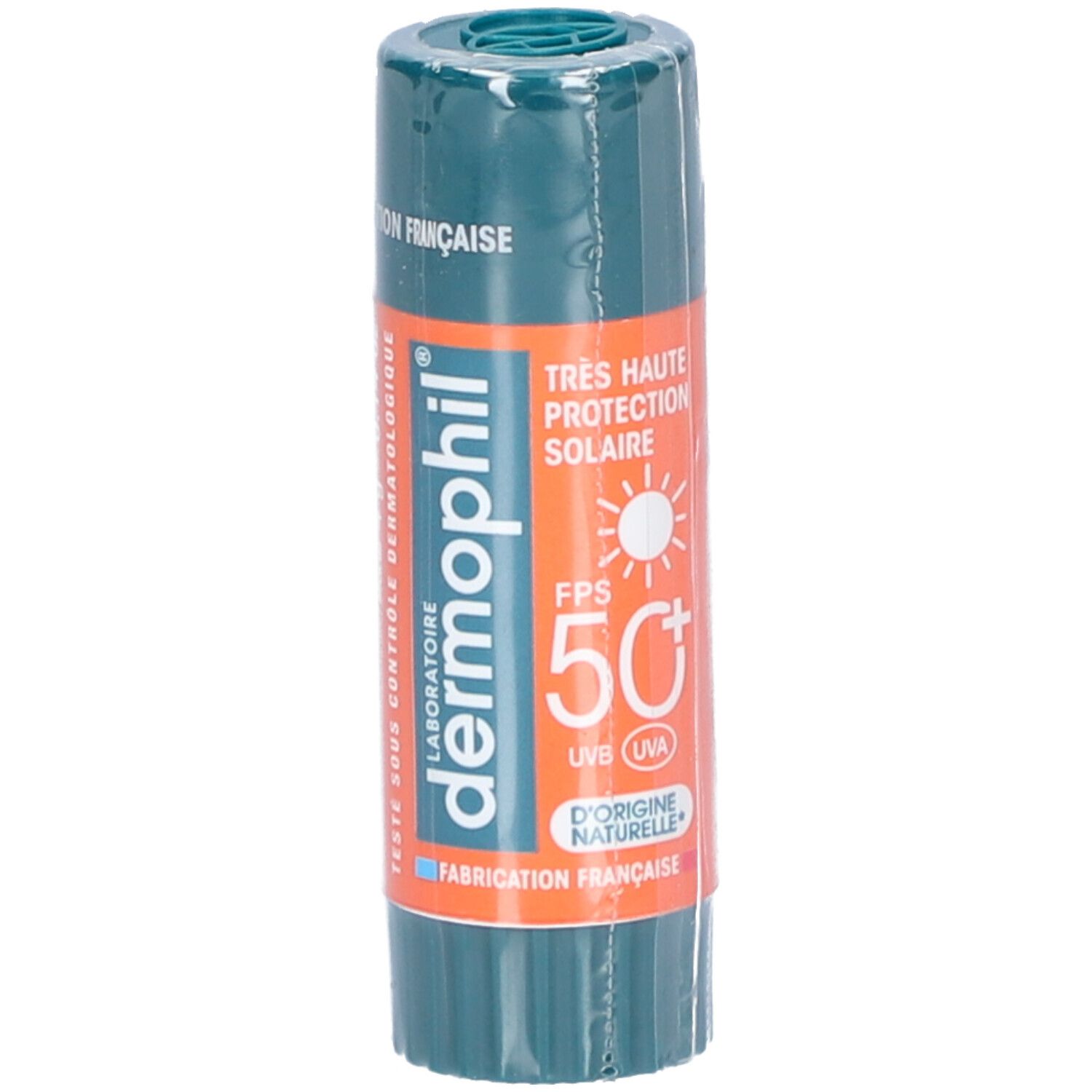 Stick cylindrique avec capuchon vert et bande orange. Inscription: Très Haute Protection Solaire, FPS 50+.