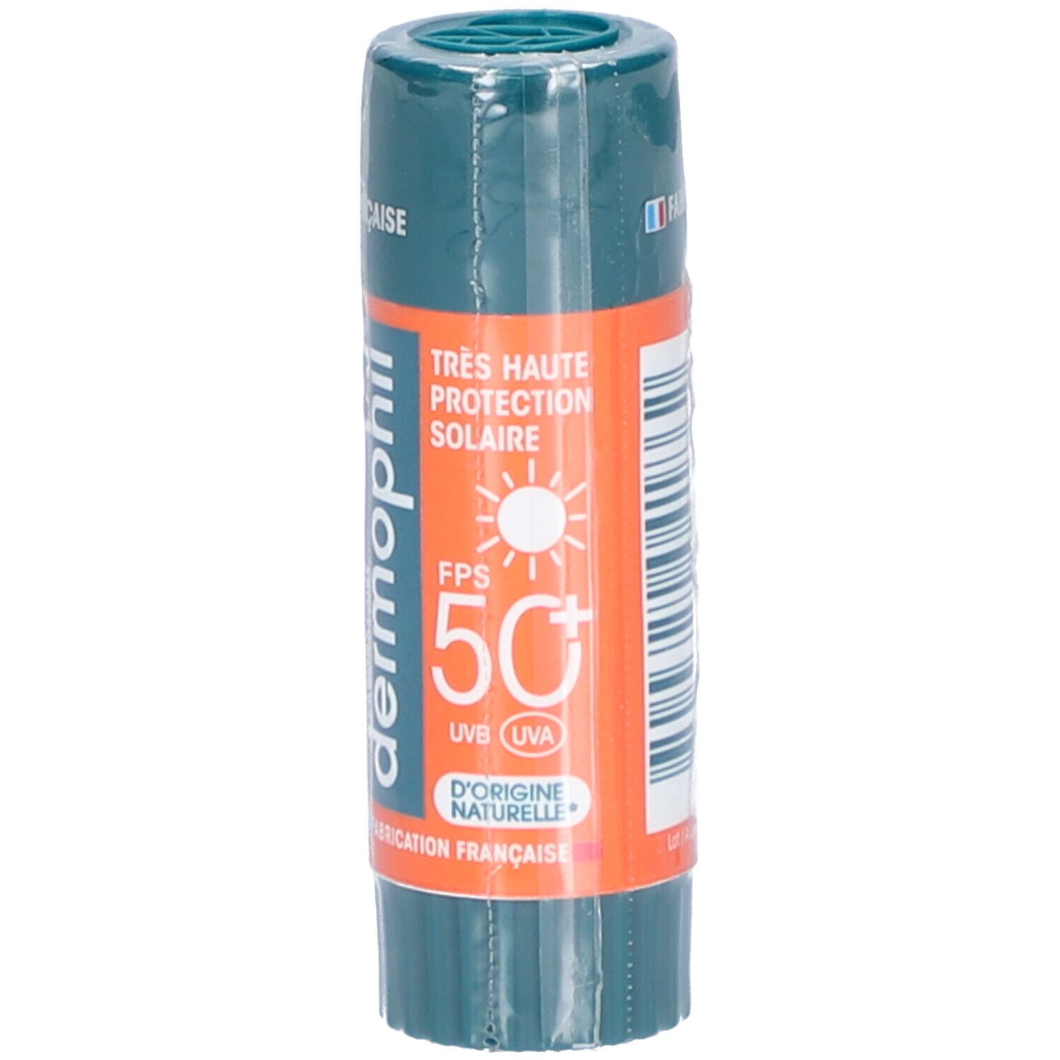 Stick cylindrique avec capuchon vert et bande orange. Inscription: Très Haute Protection Solaire, FPS 50+.