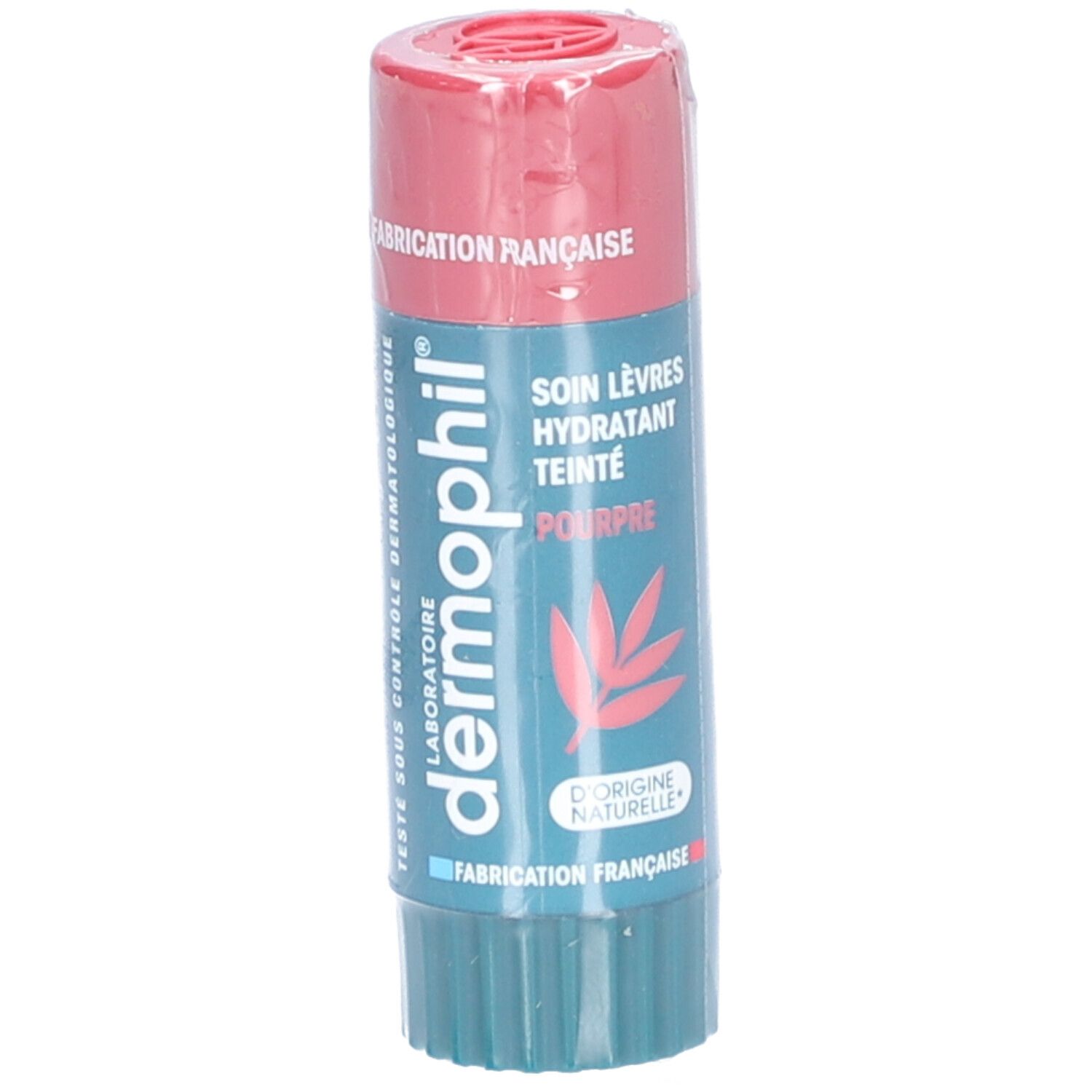 Getinte lippenbalsem met roze dop en groene basis. Opschrift: Soin Lèvres Hydratant Teinté Pourpre. Franse fabricage.