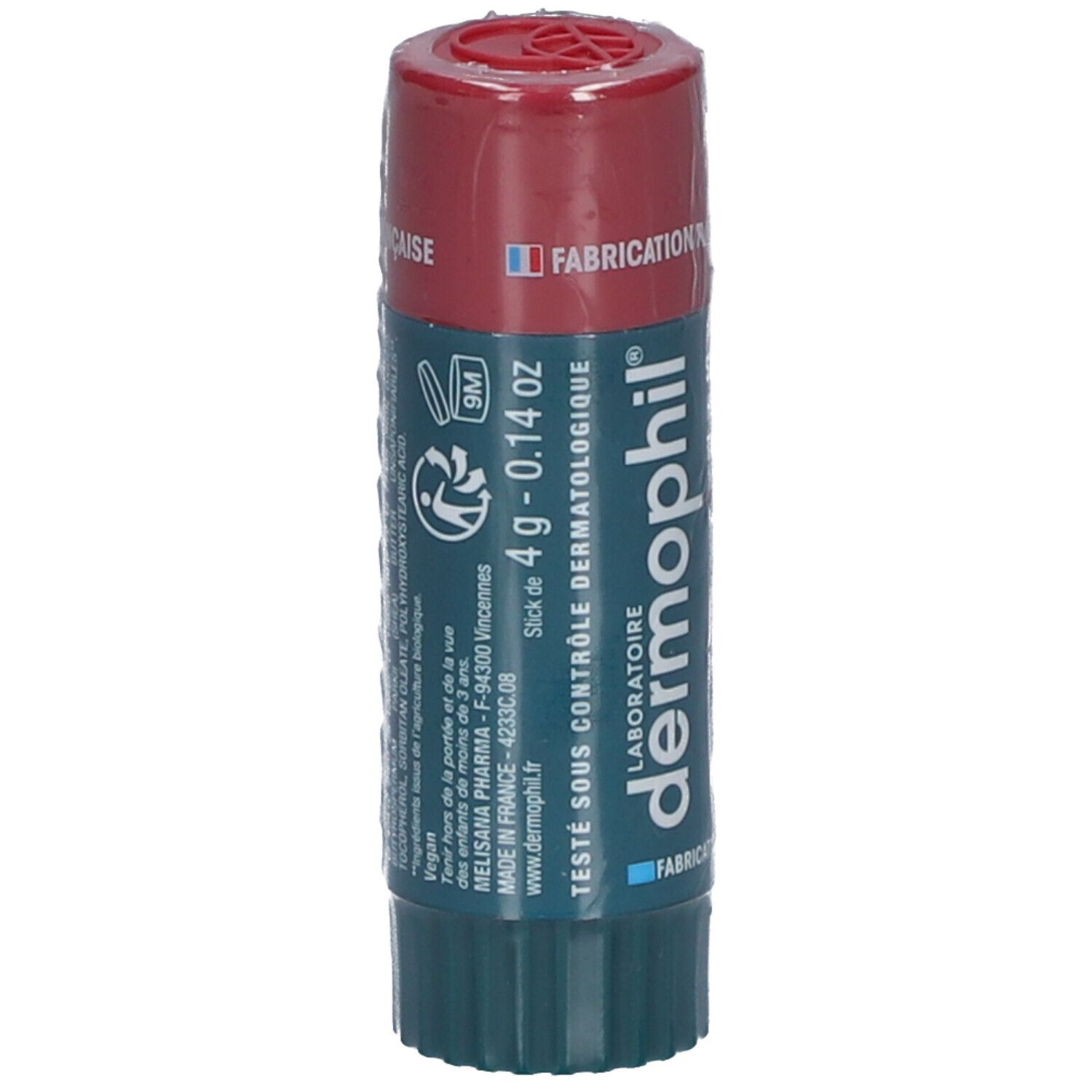 Lippenbalsem met rode dop en groene basis. Opschrift: 4 g - 0.14 oz. Getest onder dermatologische controle. Gemaakt in Frankrijk.