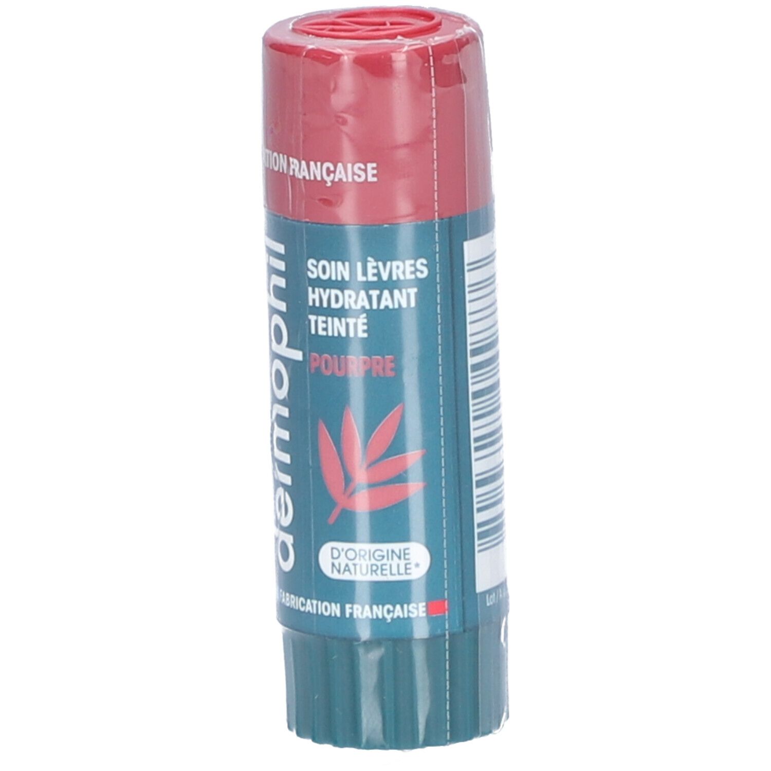 Getinte lippenbalsem met roze dop en groene basis. Opschrift: Soin Lèvres Hydratant Teinté Pourpre. Franse fabricage.
