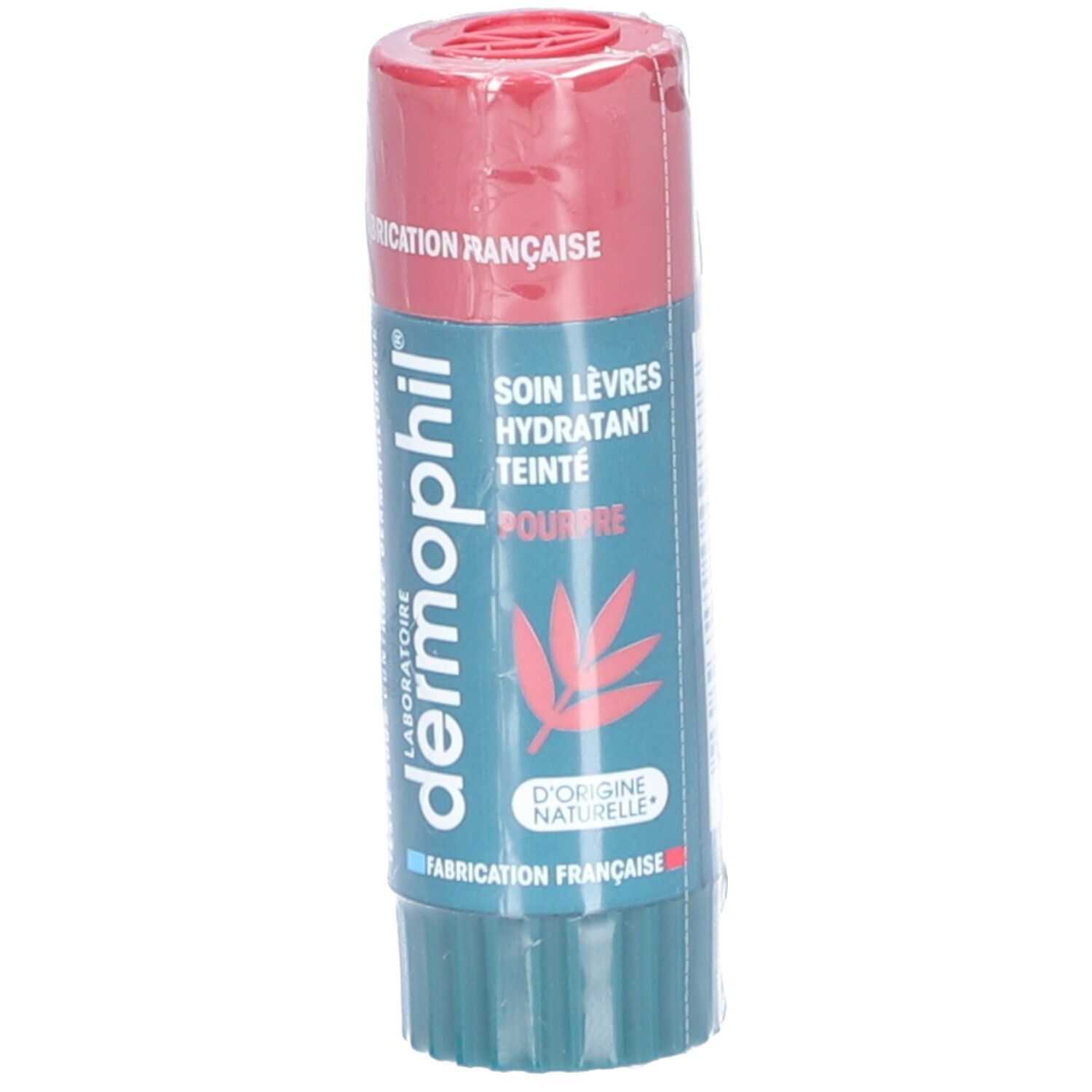 Getinte lippenbalsem met roze dop en groene basis. Opschrift: Soin Lèvres Hydratant Teinté Pourpre. Franse fabricage.