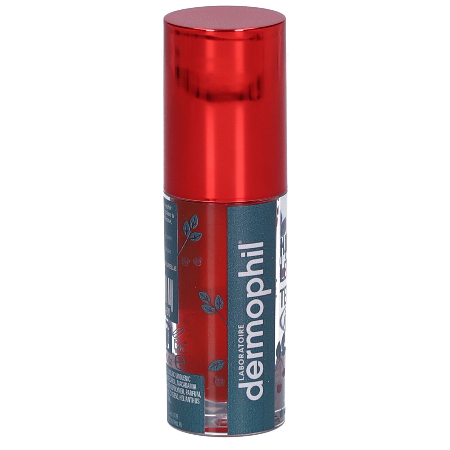 Gekleurde lippenolie in een transparante fles met rode dop. Opschrift: dermophil, Huile Lèvres Teintée.