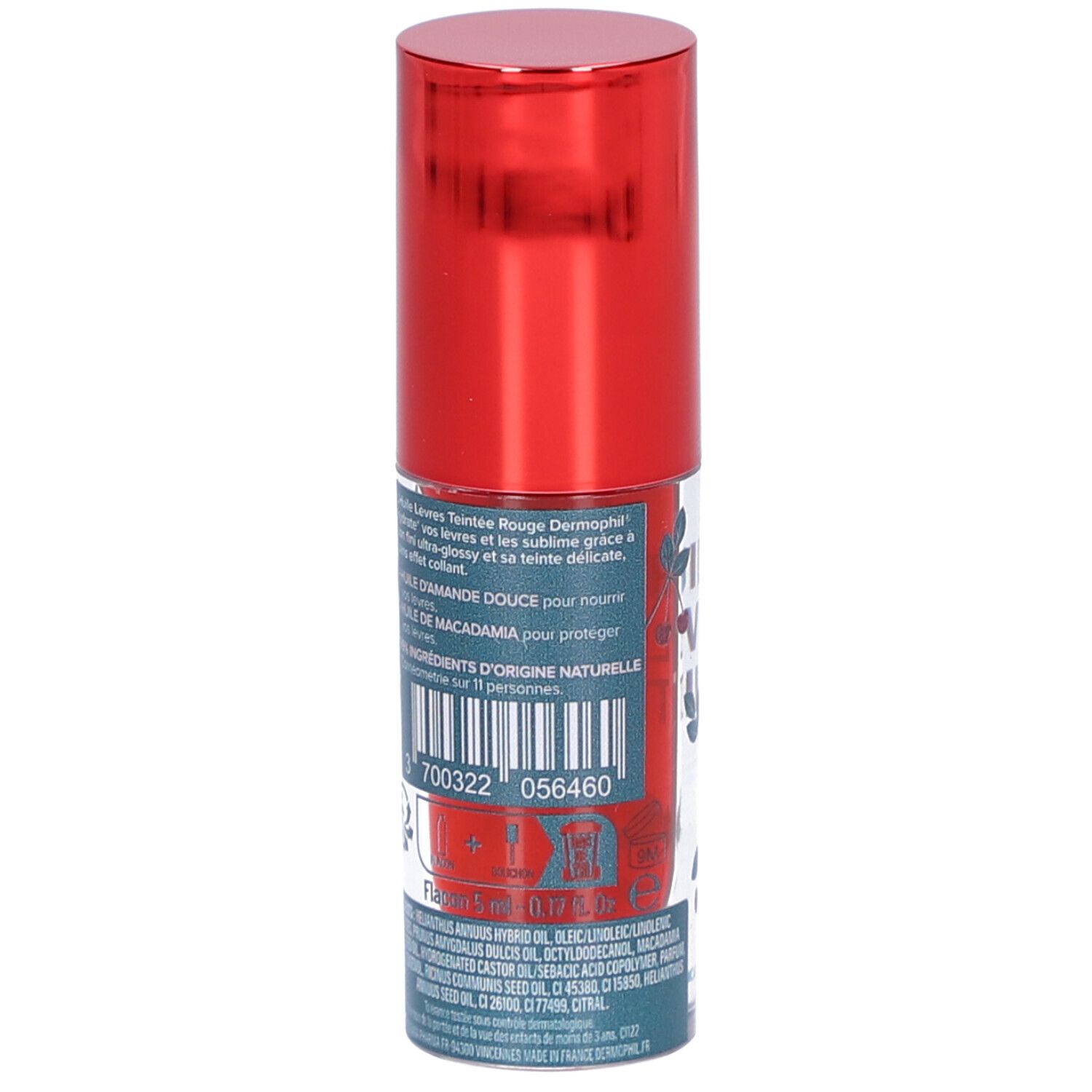 Achterkant van de verpakking van lippenolie. Tekst met ingrediënten en barcode. Opschrift: Huile Lèvres Teintée Rouge Dermophil.