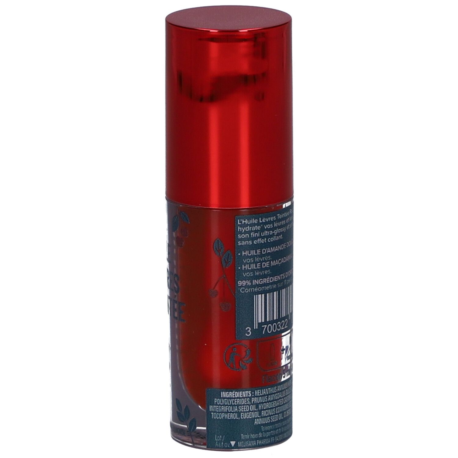 Achterkant van de verpakking van lippenolie. Tekst met ingrediënten en barcode. Opschrift: Huile Lèvres Teintée.