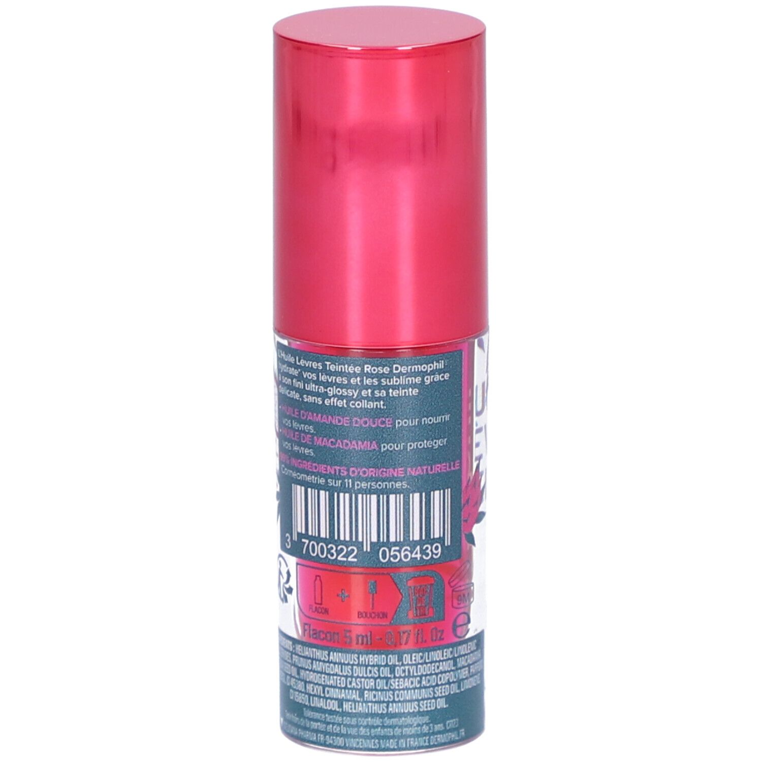 Achterkant van een fles met roze dop. Tekst: Huile Lèvres Teintée Rose Dermophil. Barcode en ingrediënten.