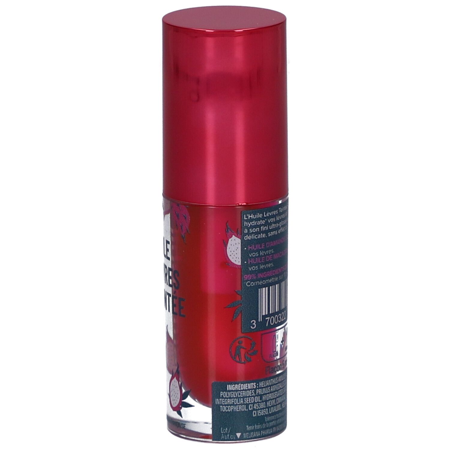 Achterkant van een fles met roze dop. Tekst: Huile Lèvres Teintée. Barcode en ingrediënten.