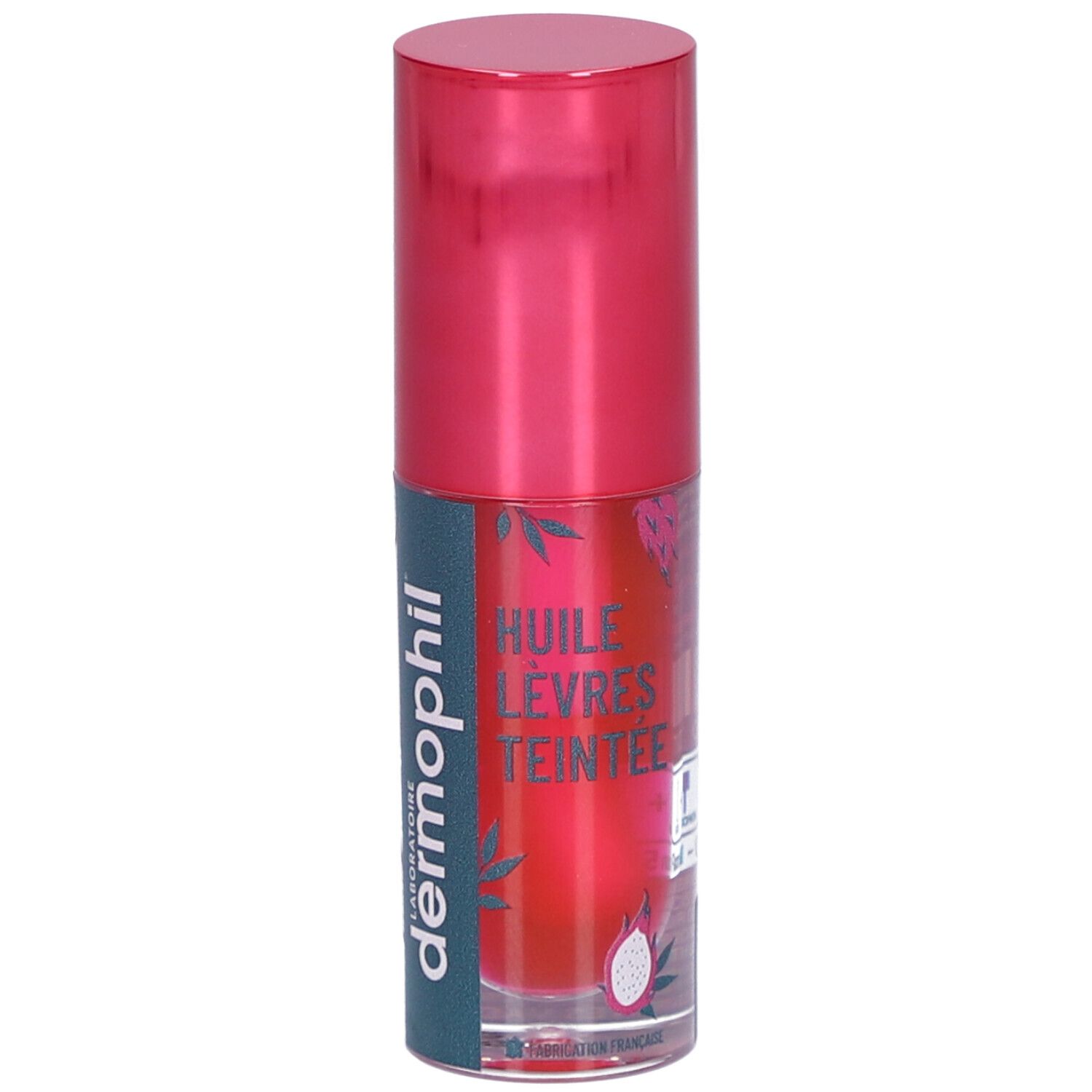 Transparante fles met roze dop. Opschrift: dermophil, Huile Lèvres Teintée. Roze vloeistof zichtbaar.