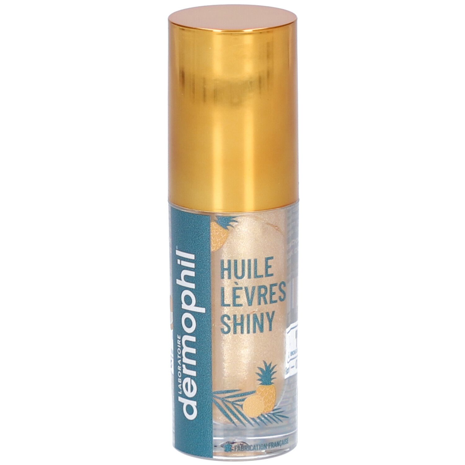 Transparante flacon met gouden dop. Opschrift: Huile Lèvres Shiny, dermophil.