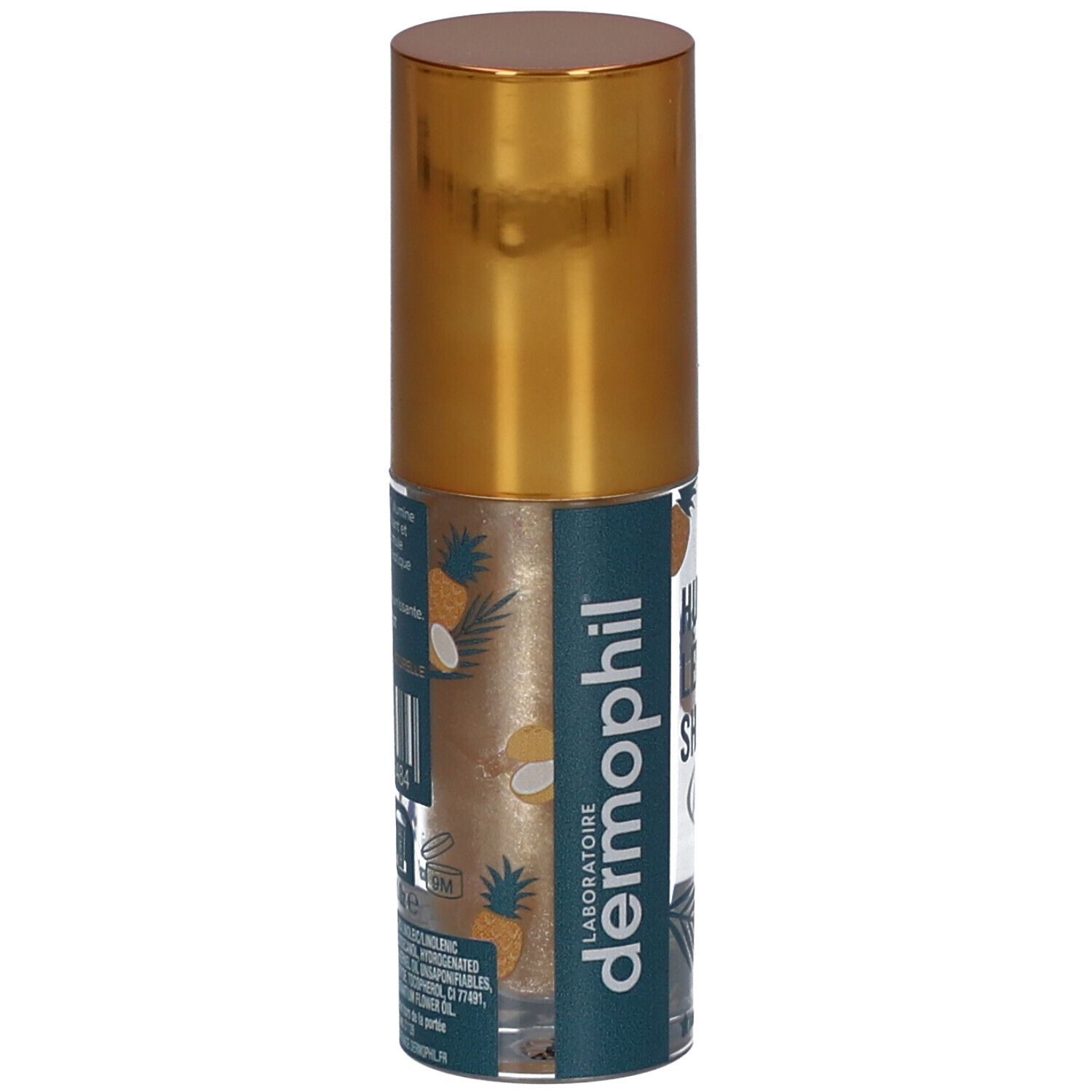 Transparante flacon met gouden dop. Opschrift: Huile Lèvres Shiny, dermophil. Ingrediëntenlijst.