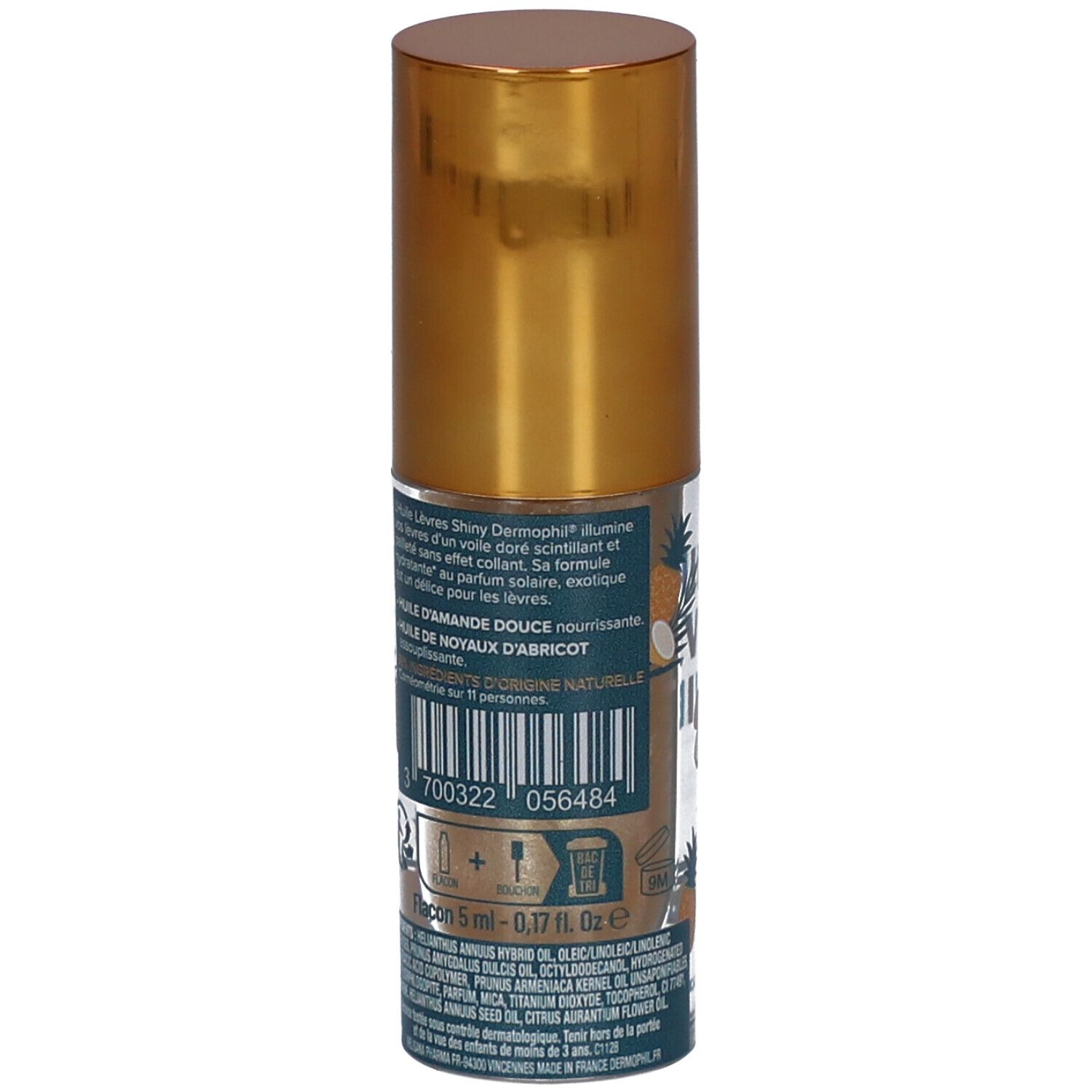 Achterkant van de flacon met gouden dop. Opschrift: Huile Lèvres Shiny, dermophil. Ingrediëntenlijst en barcode.