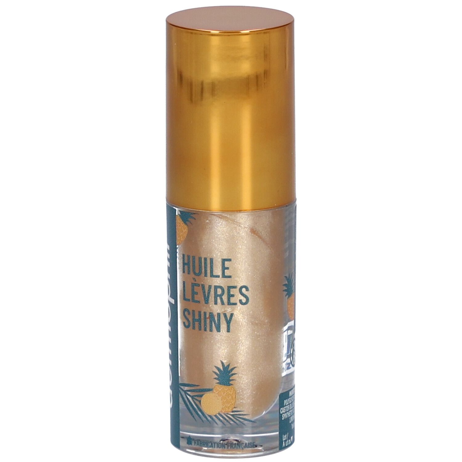 Transparante flacon met gouden dop. Opschrift: Huile Lèvres Shiny, dermophil.