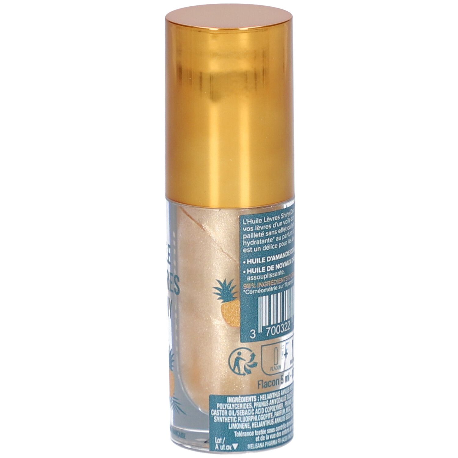 Achterkant van de flacon met gouden dop. Opschrift: Huile Lèvres Shiny, dermophil. Ingrediëntenlijst en barcode.
