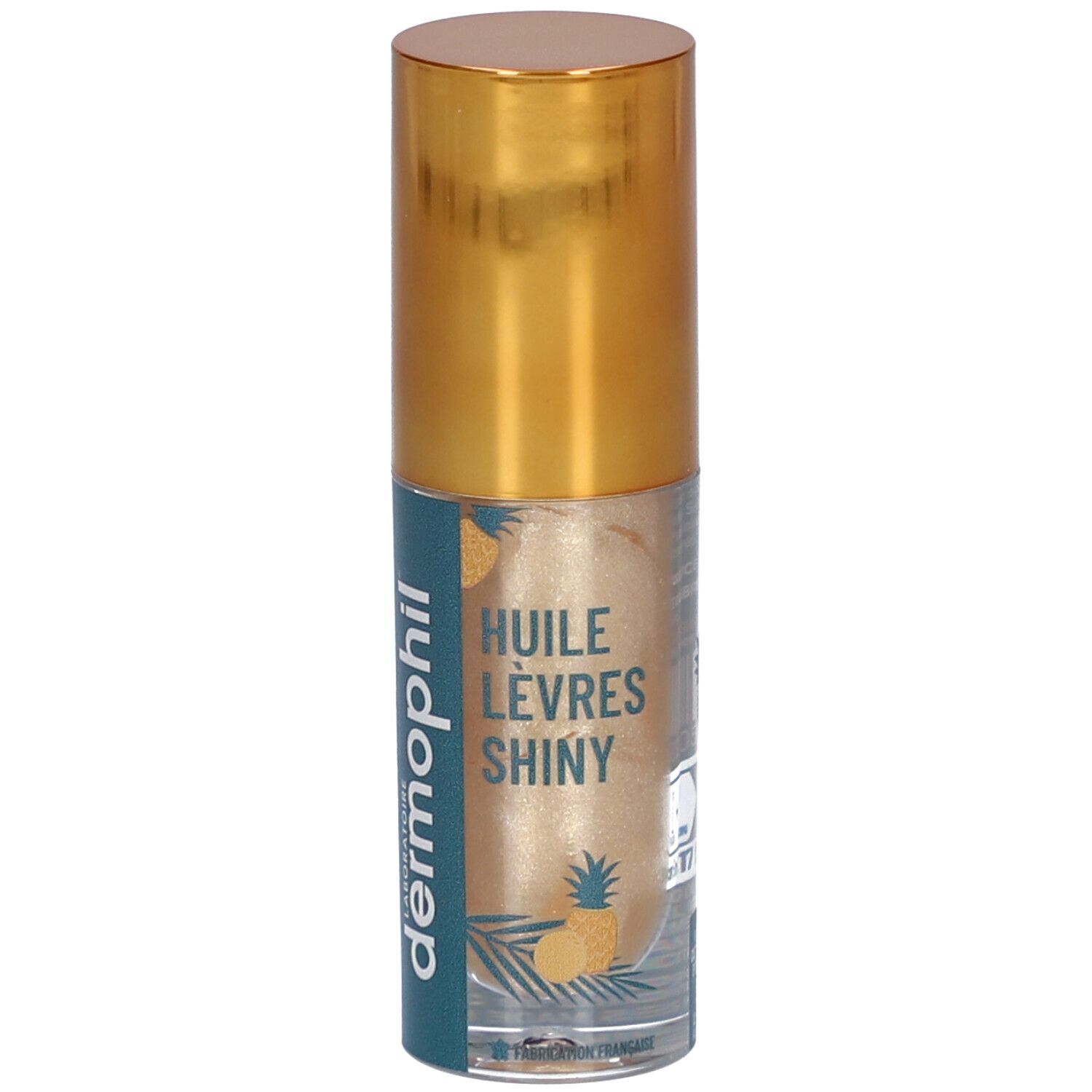 Transparante flacon met gouden dop. Opschrift: Huile Lèvres Shiny, dermophil.
