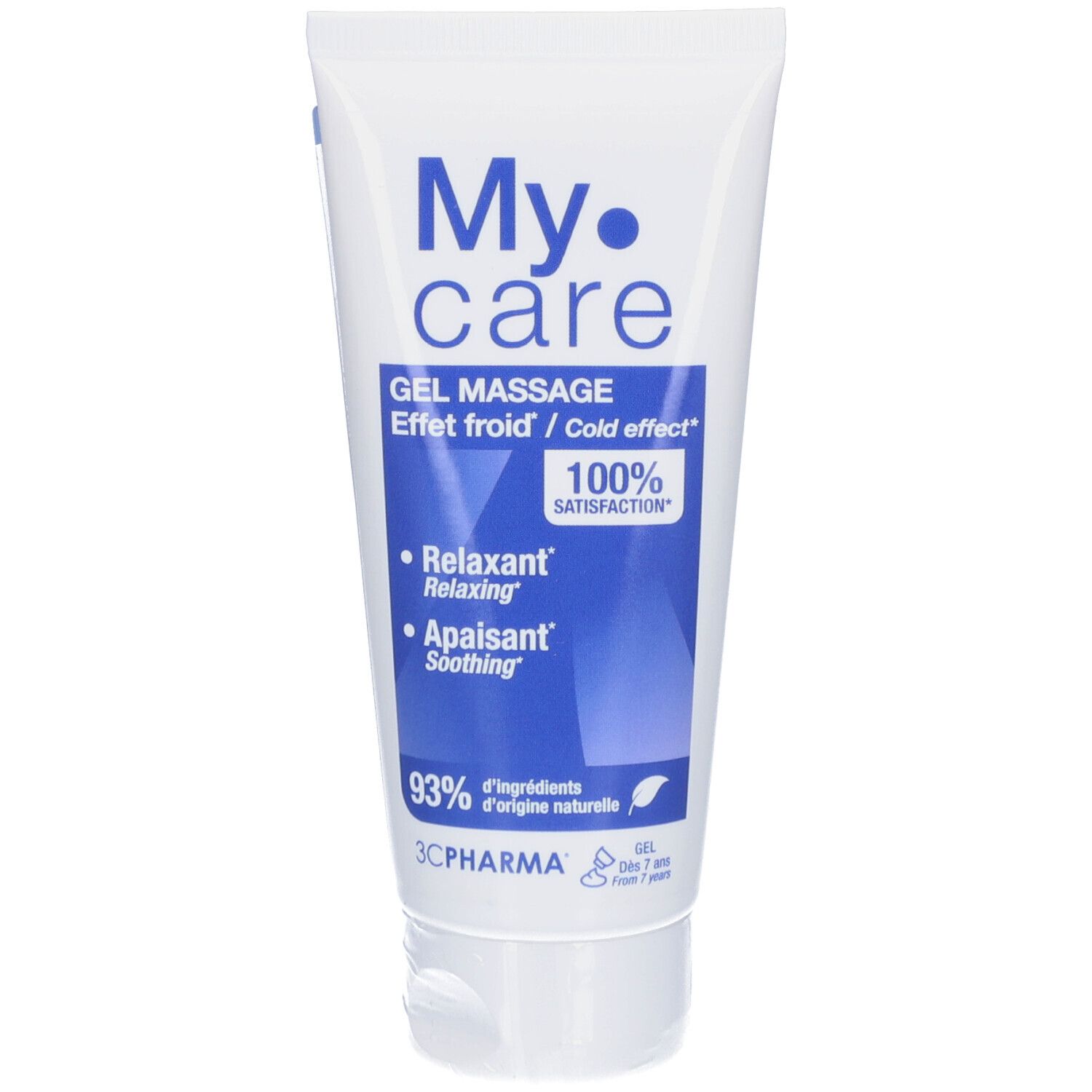 Witte en blauwe tube met productnaam en informatie. Opschrift: Gel Massage, Cold effect, 100% tevredenheid.