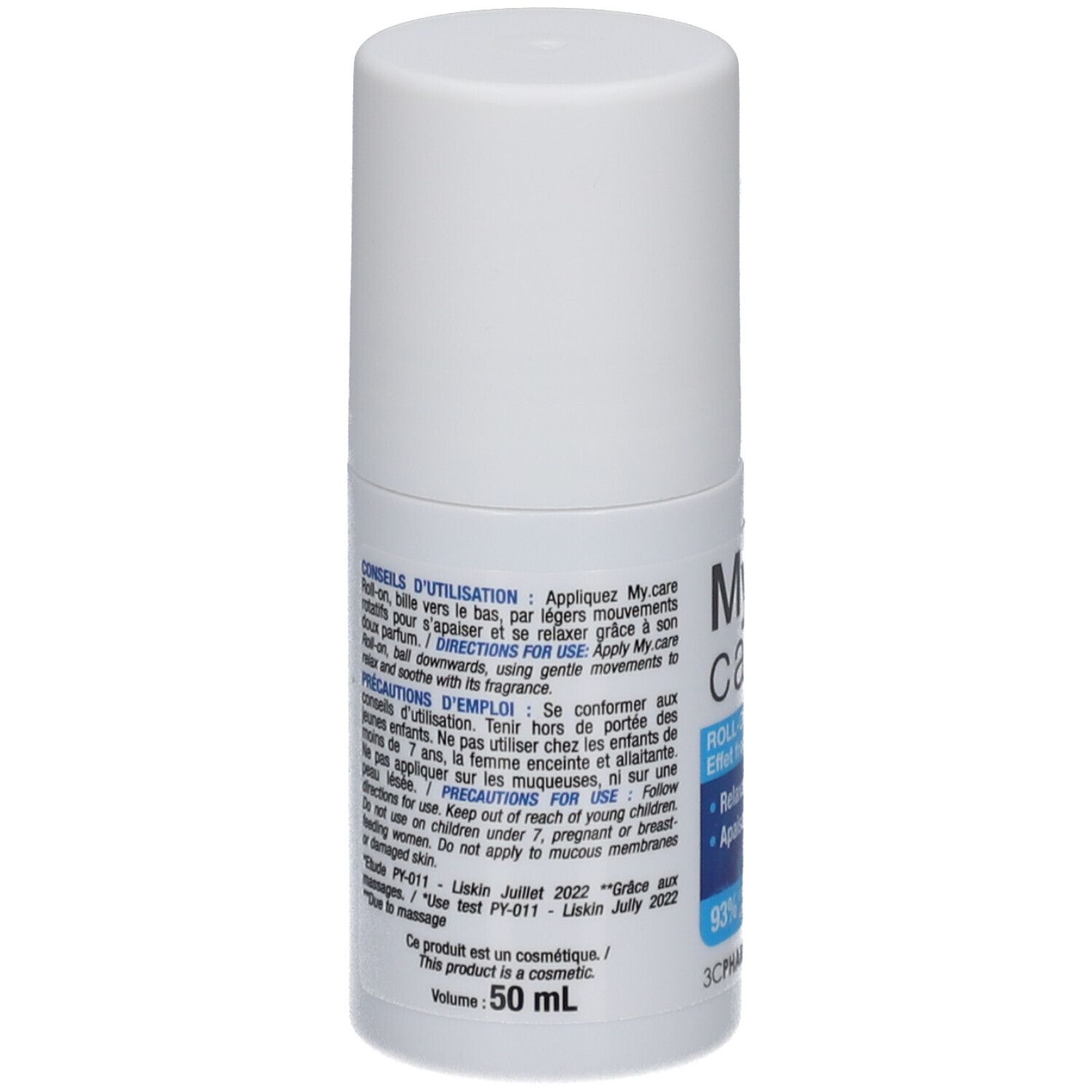 Achterkant van de witte roll-on massagegel. Tekst: Gebruiksaanwijzing, Voorzorgsmaatregelen, 50 ml.