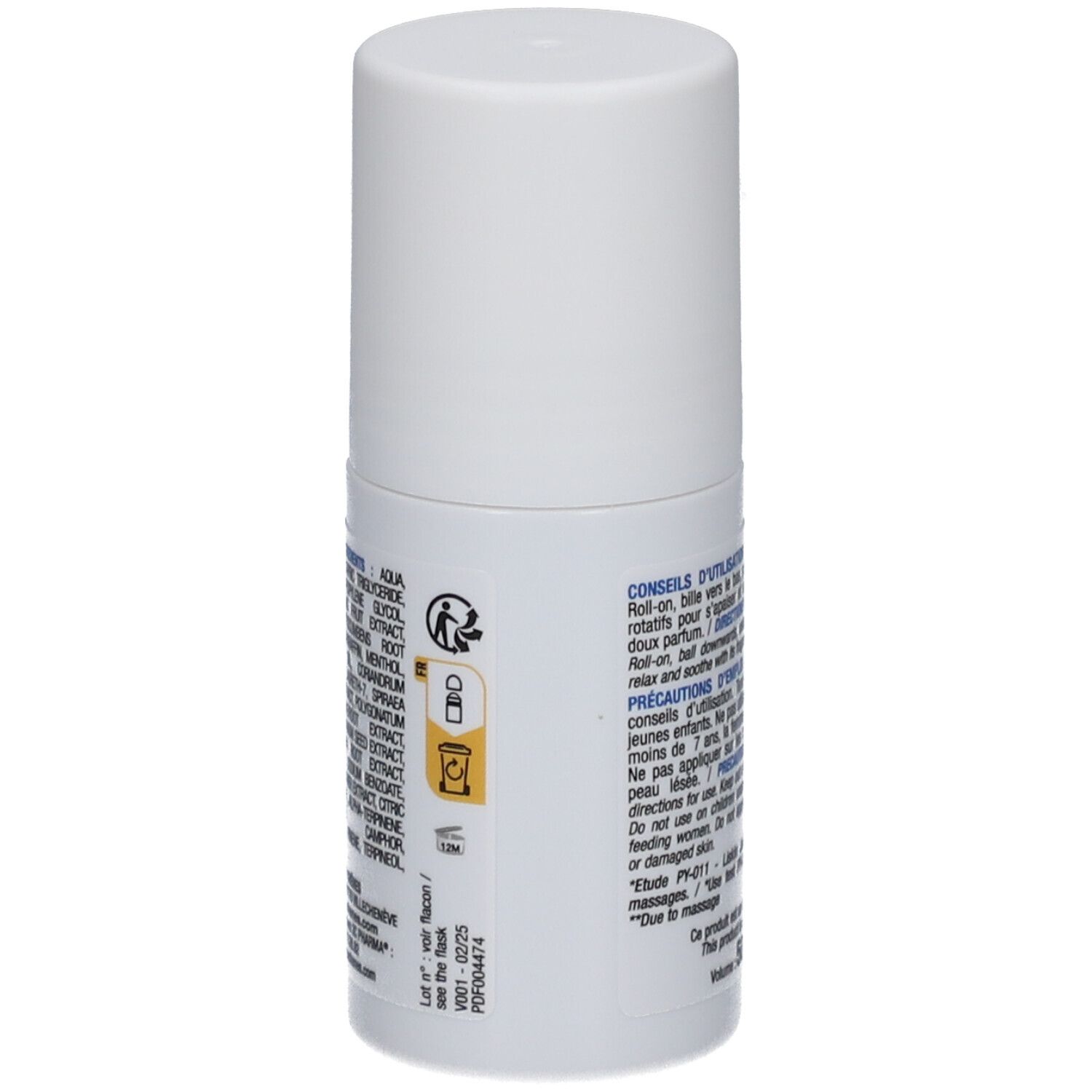 Achterkant van de witte roll-on massagegel. Tekst: Gebruiksaanwijzing, Voorzorgsmaatregelen.