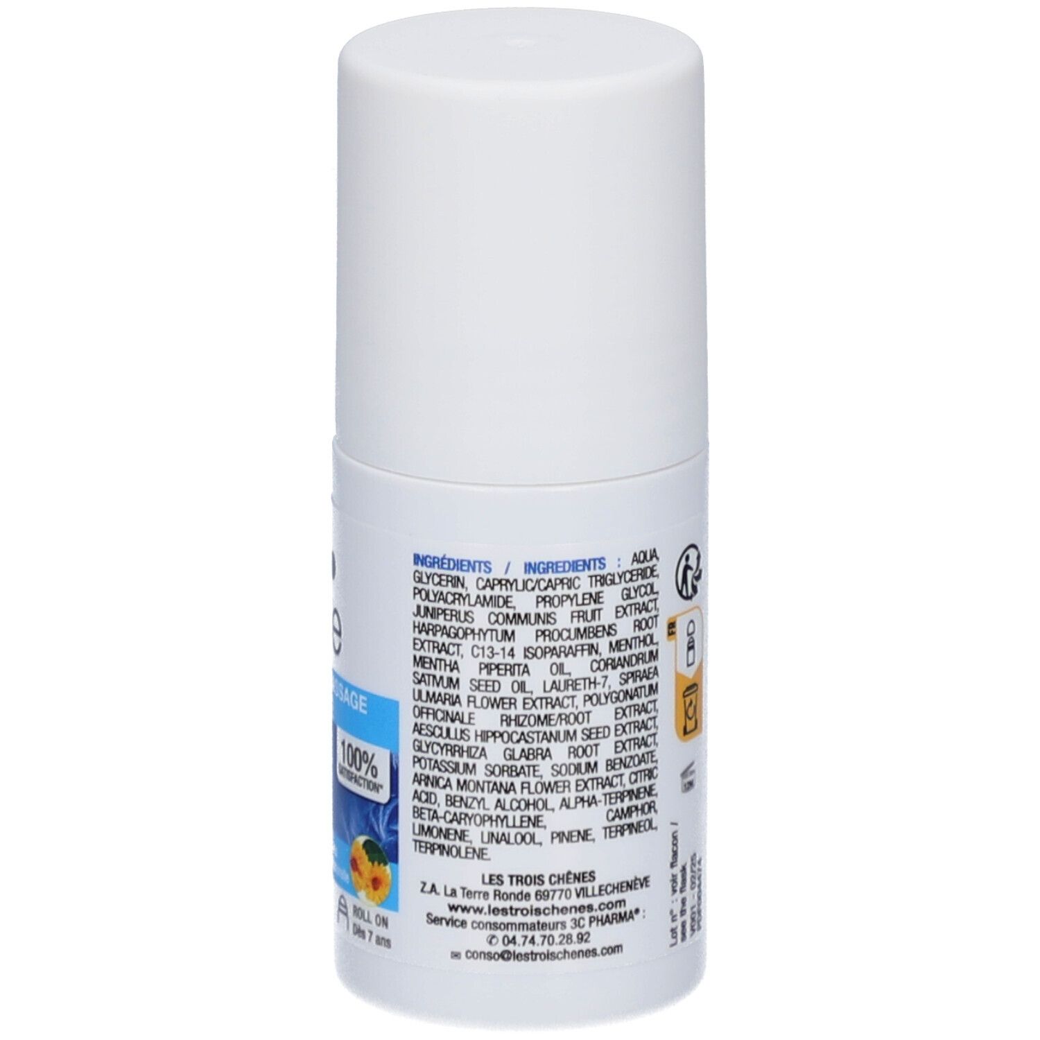 Achterkant van de witte roll-on massagegel. Lijst van ingrediënten.
